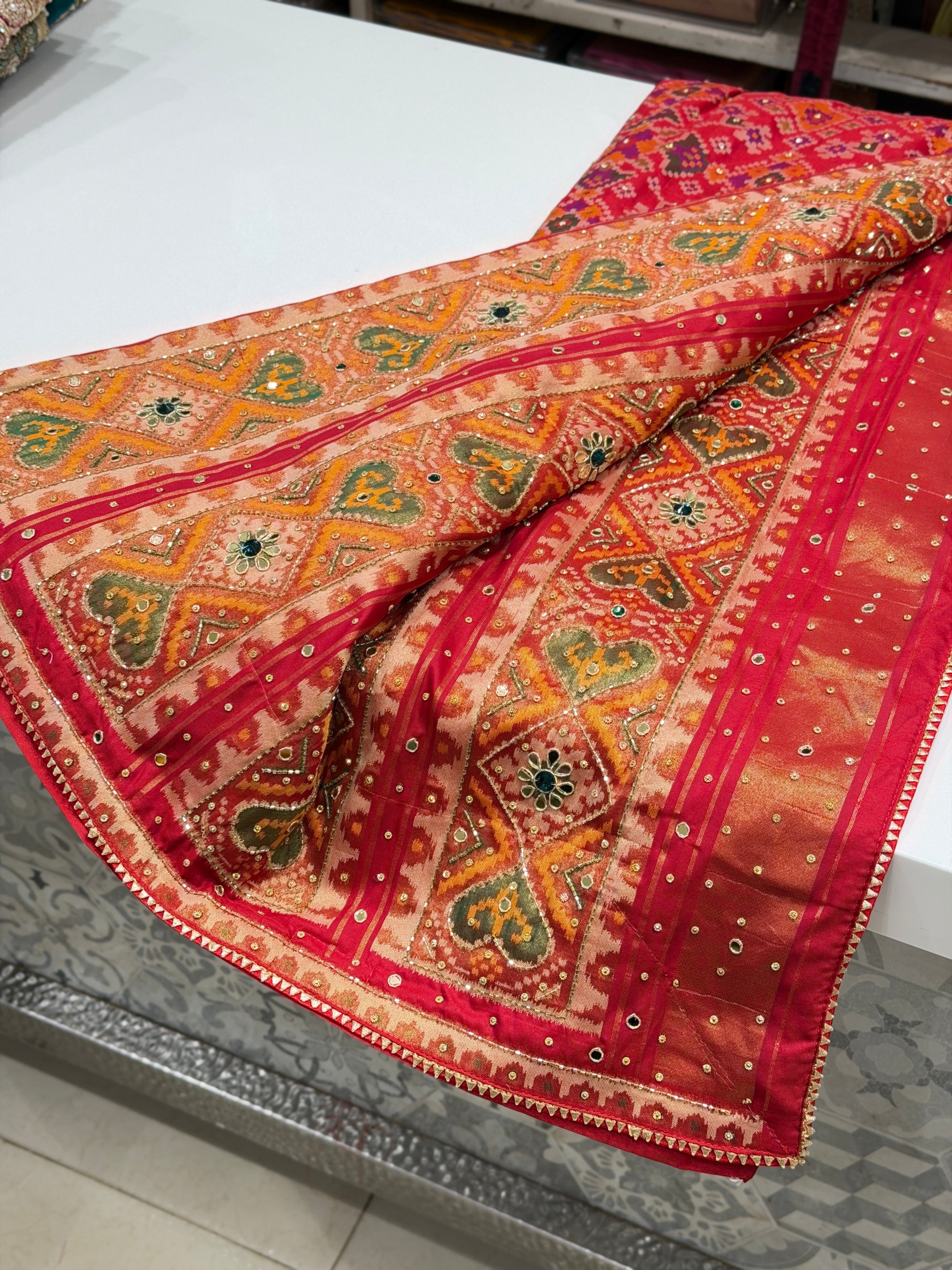 Red Patola Crystal Hand Embroidery Saree