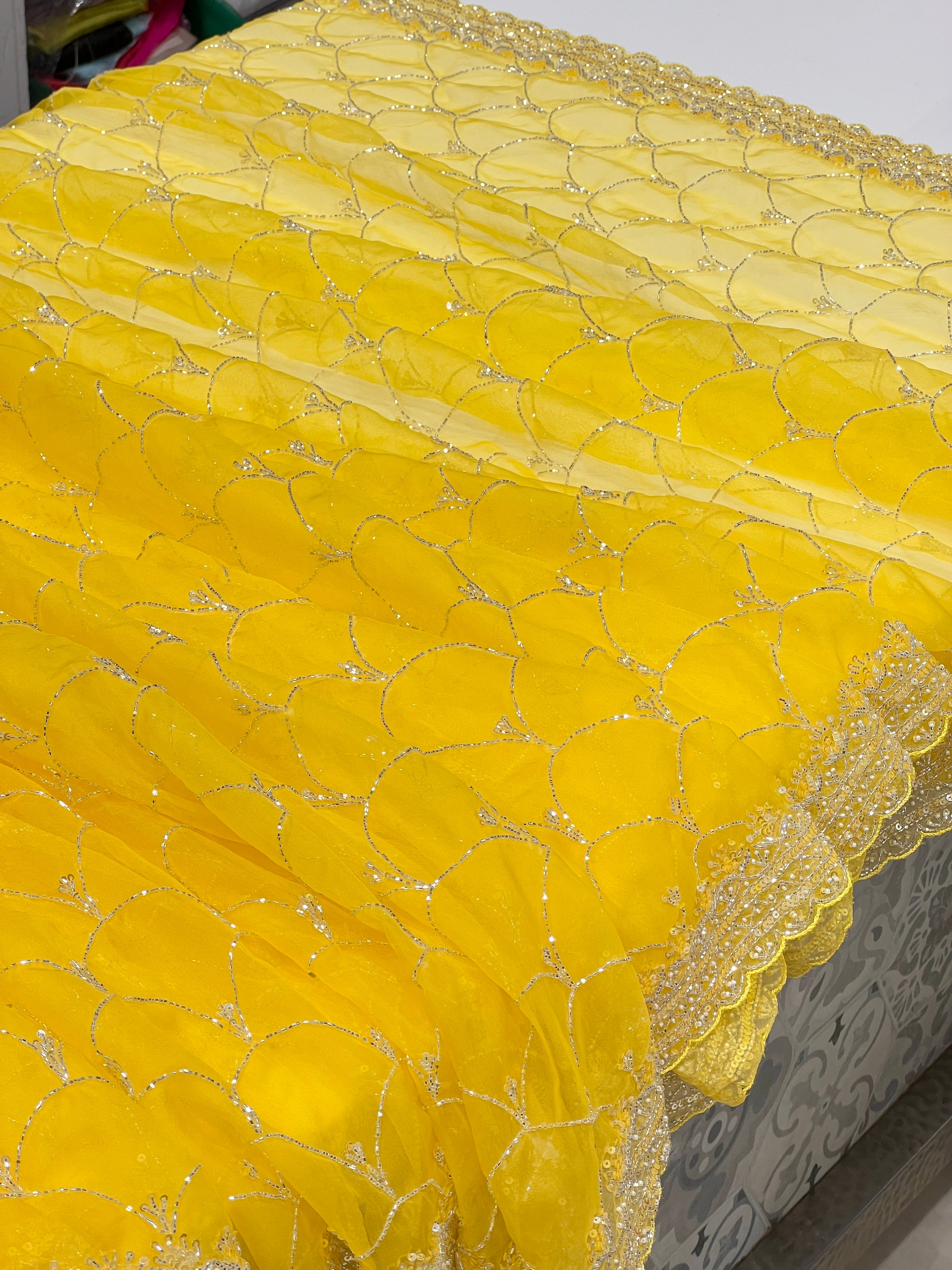 Yellow Organza Scales Pattern Hand Embroidery Saree