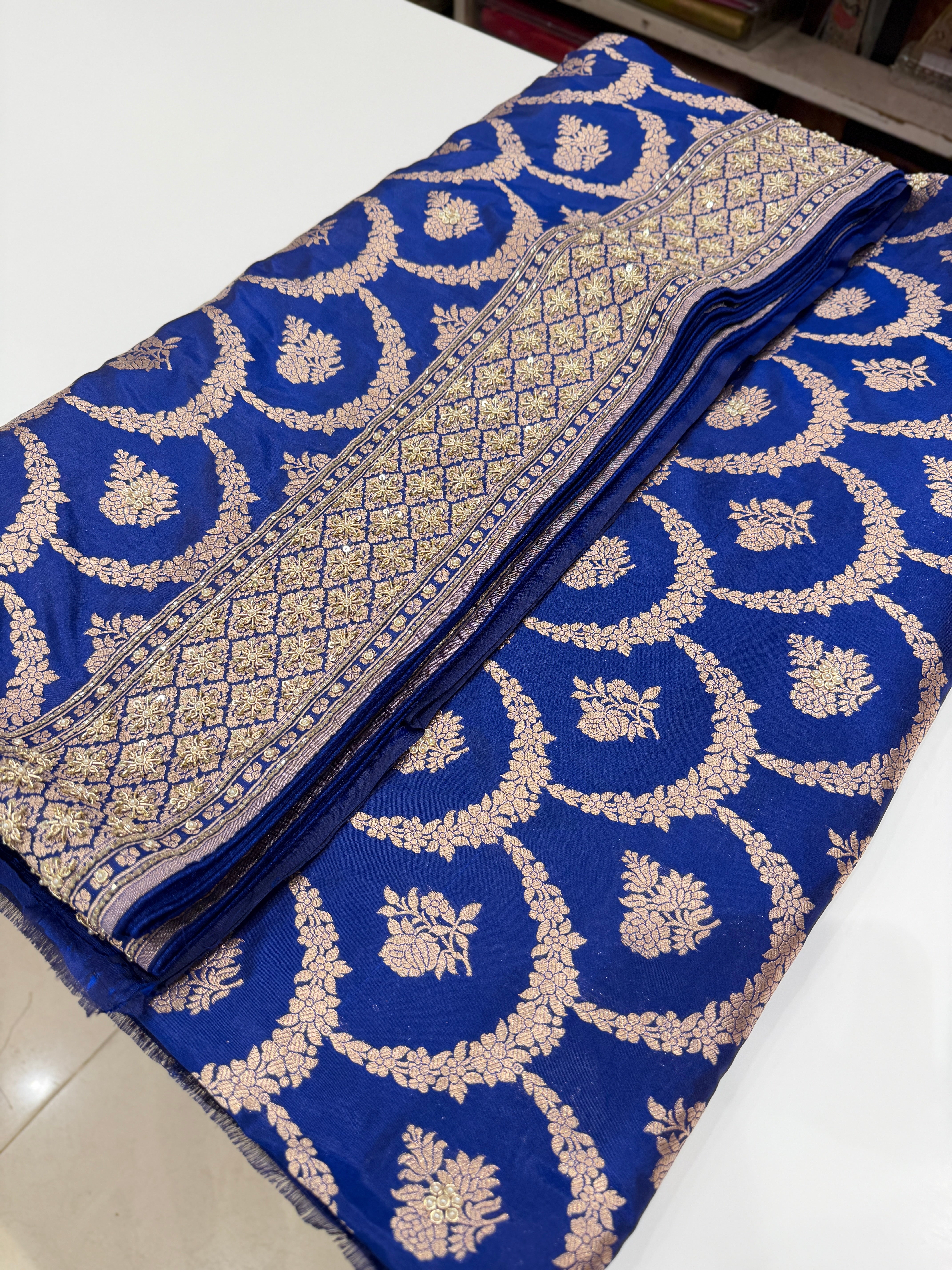 Blue Handloom Banarasi Katan Zardosi Hand Embroidery Saree