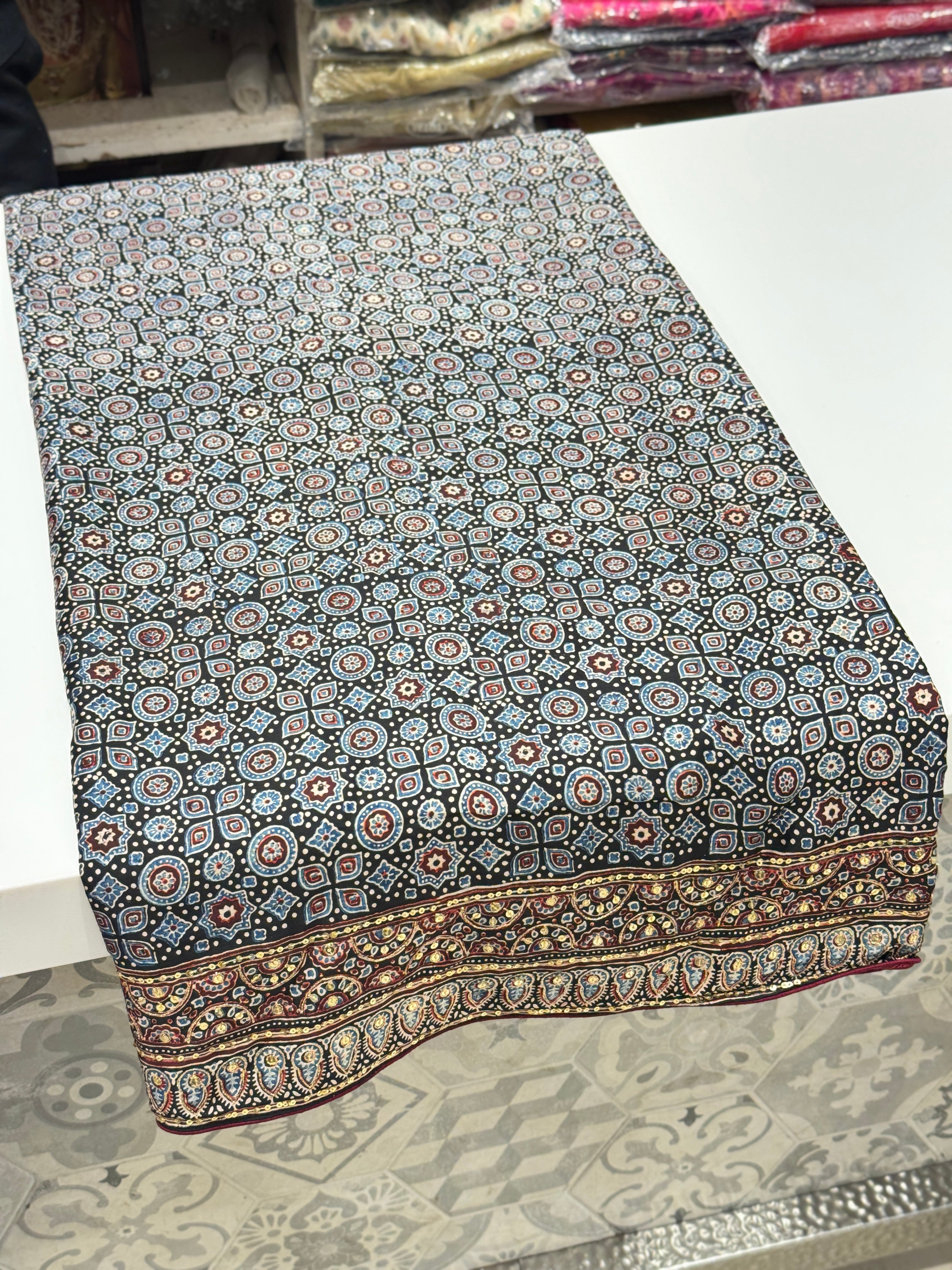 Blue Black Pita Zardosi Sequin Ajrakh Hand Embroidery Saree