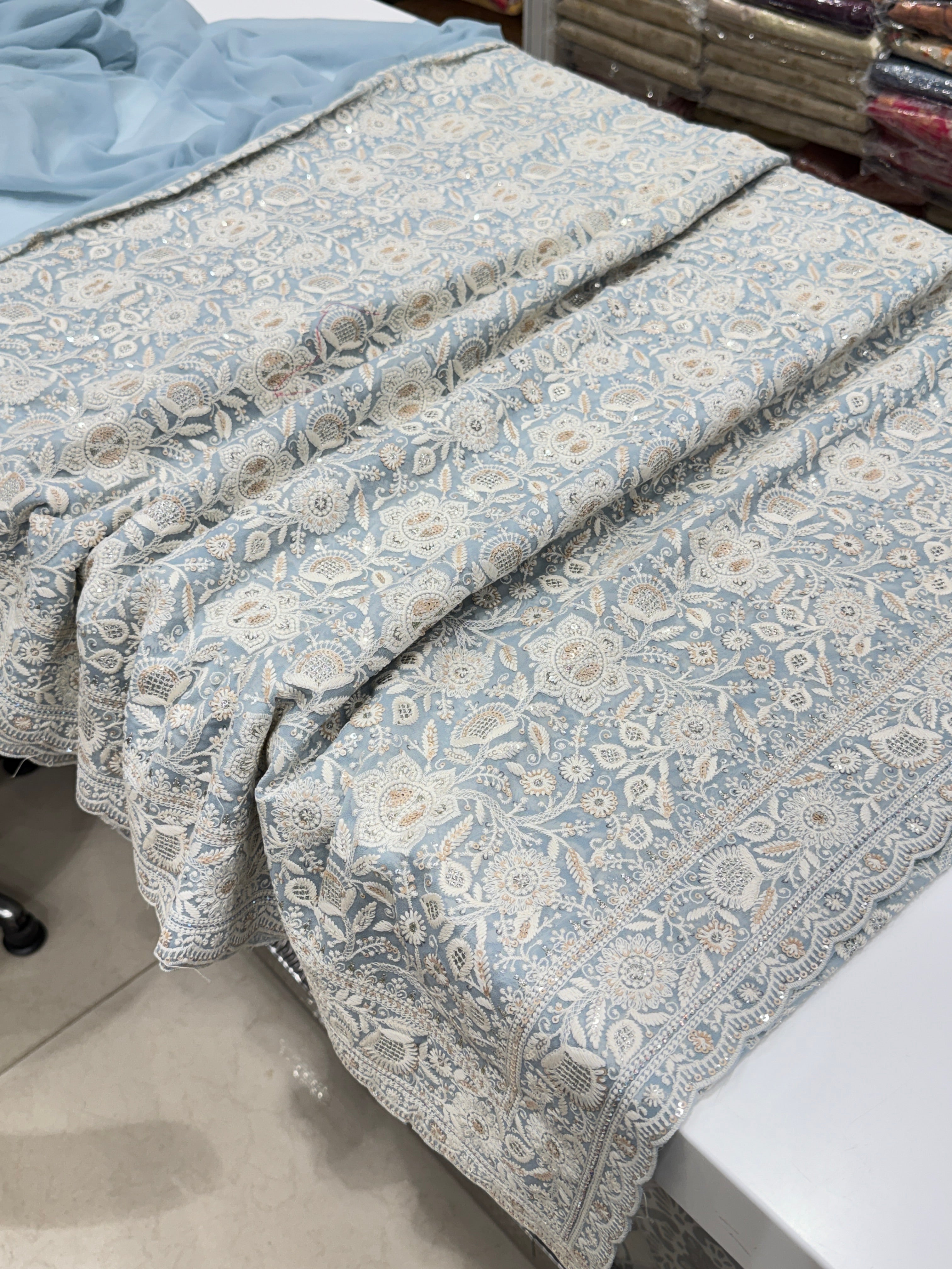 Powder Blue Chikankari Small Scallop Design Saree