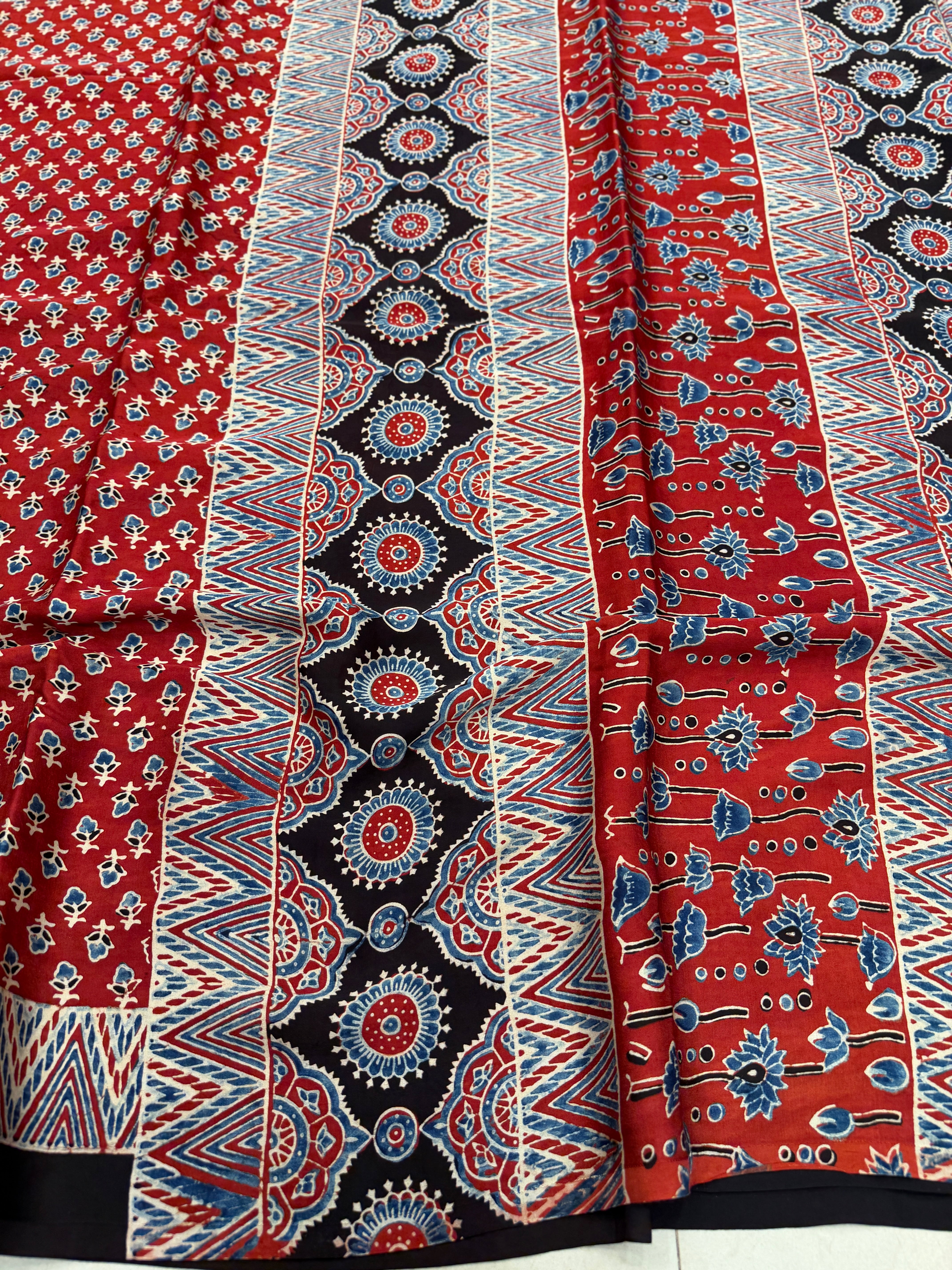 Red Bud Buttis Ajrakh Hand Block Print Pure Modal Silk Saree