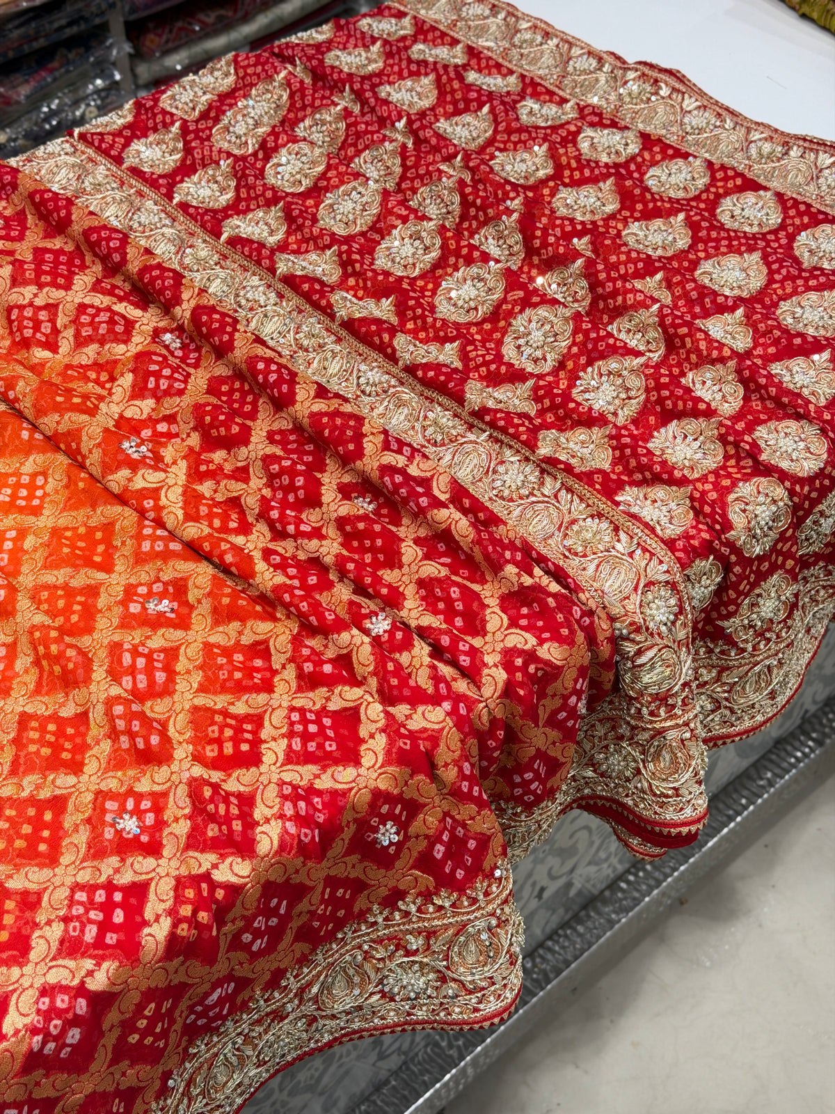 Red Orange Shaded Bandhej Georgette Saree Zardosi Hand Embroidery Saree