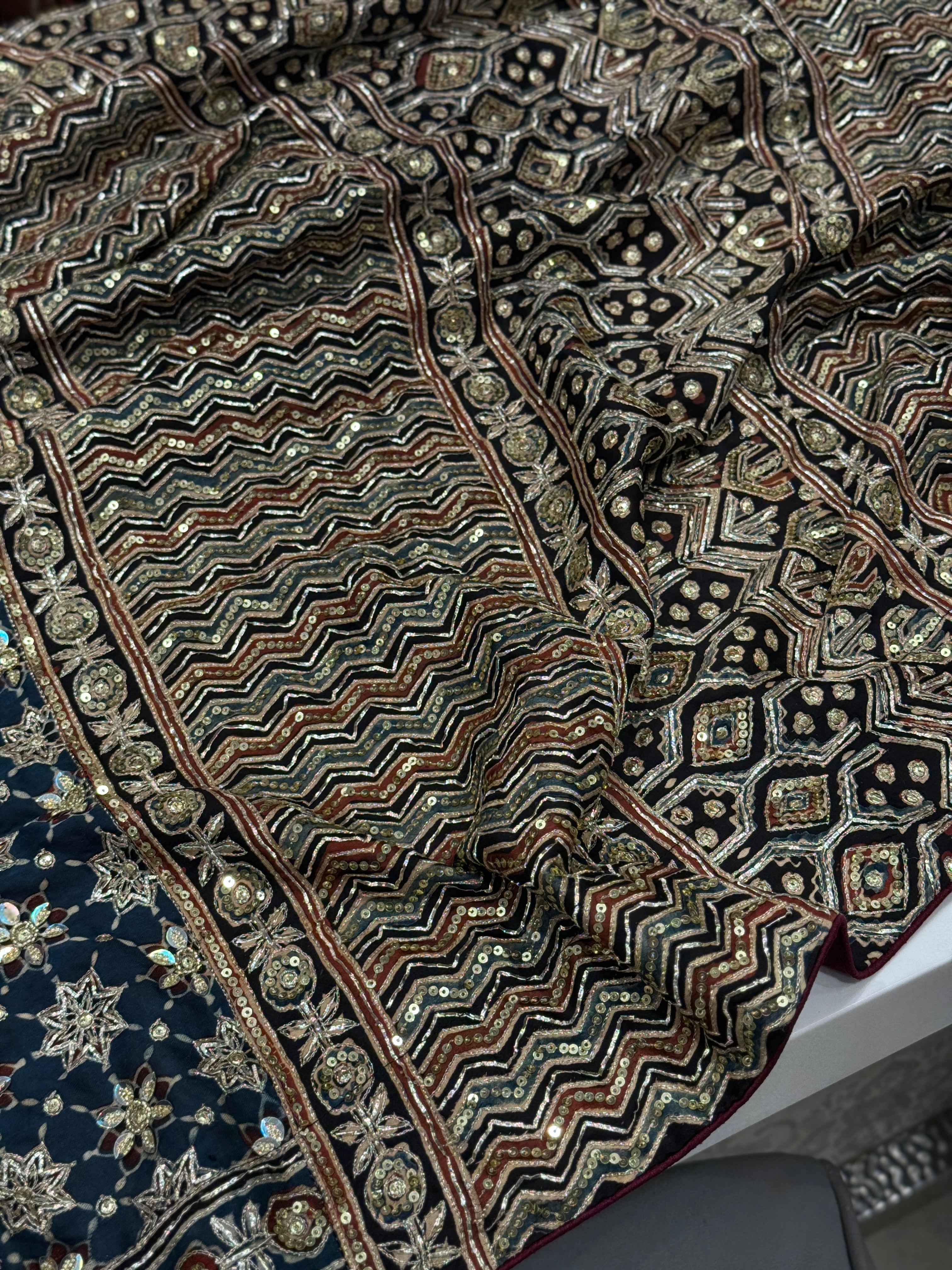 Blue Black Jaal Ajrakh Hand Embroidery Saree