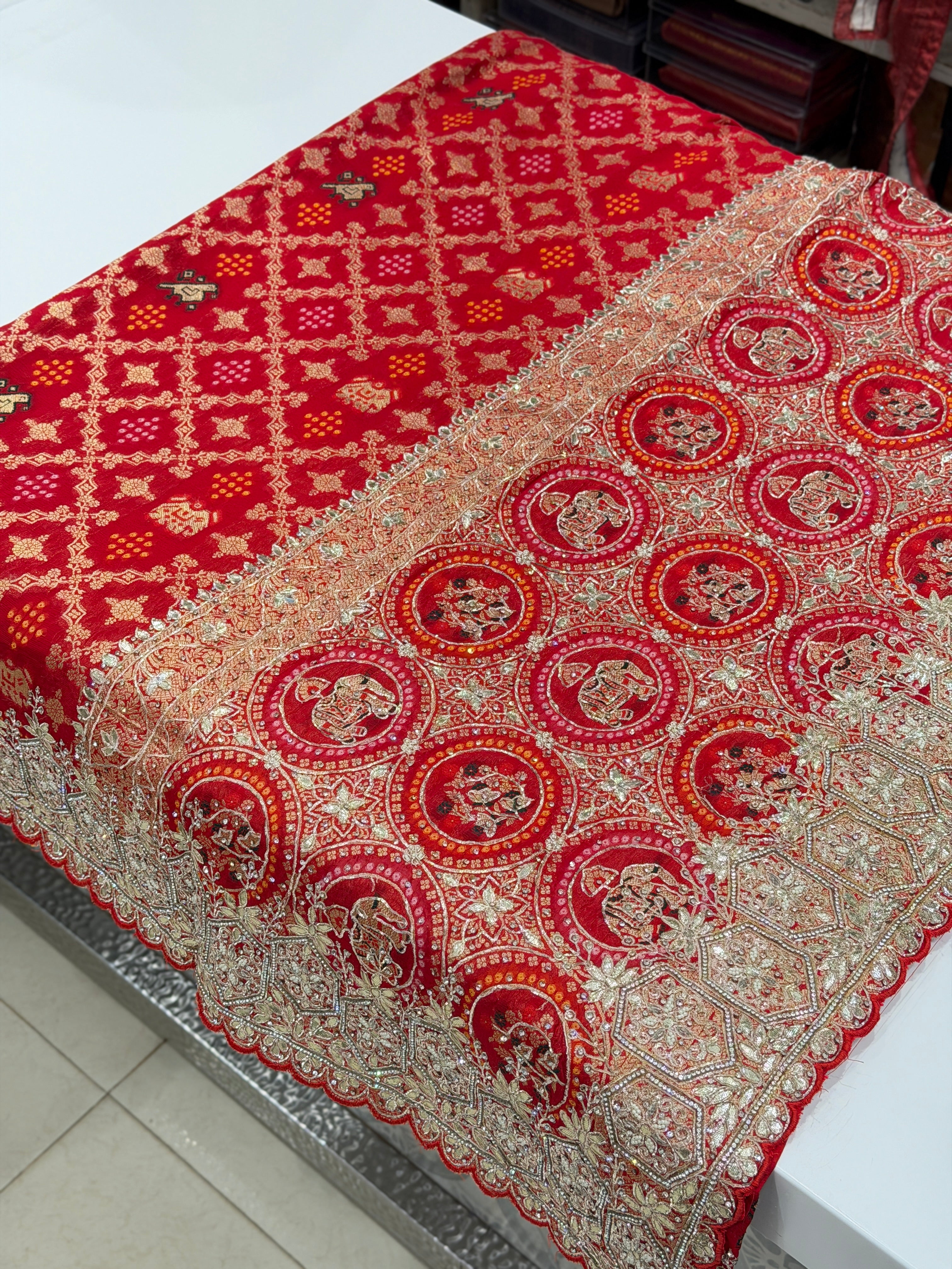 Red Woven Bandhej Patola Zardodi Pita Hand Embroidery Saree