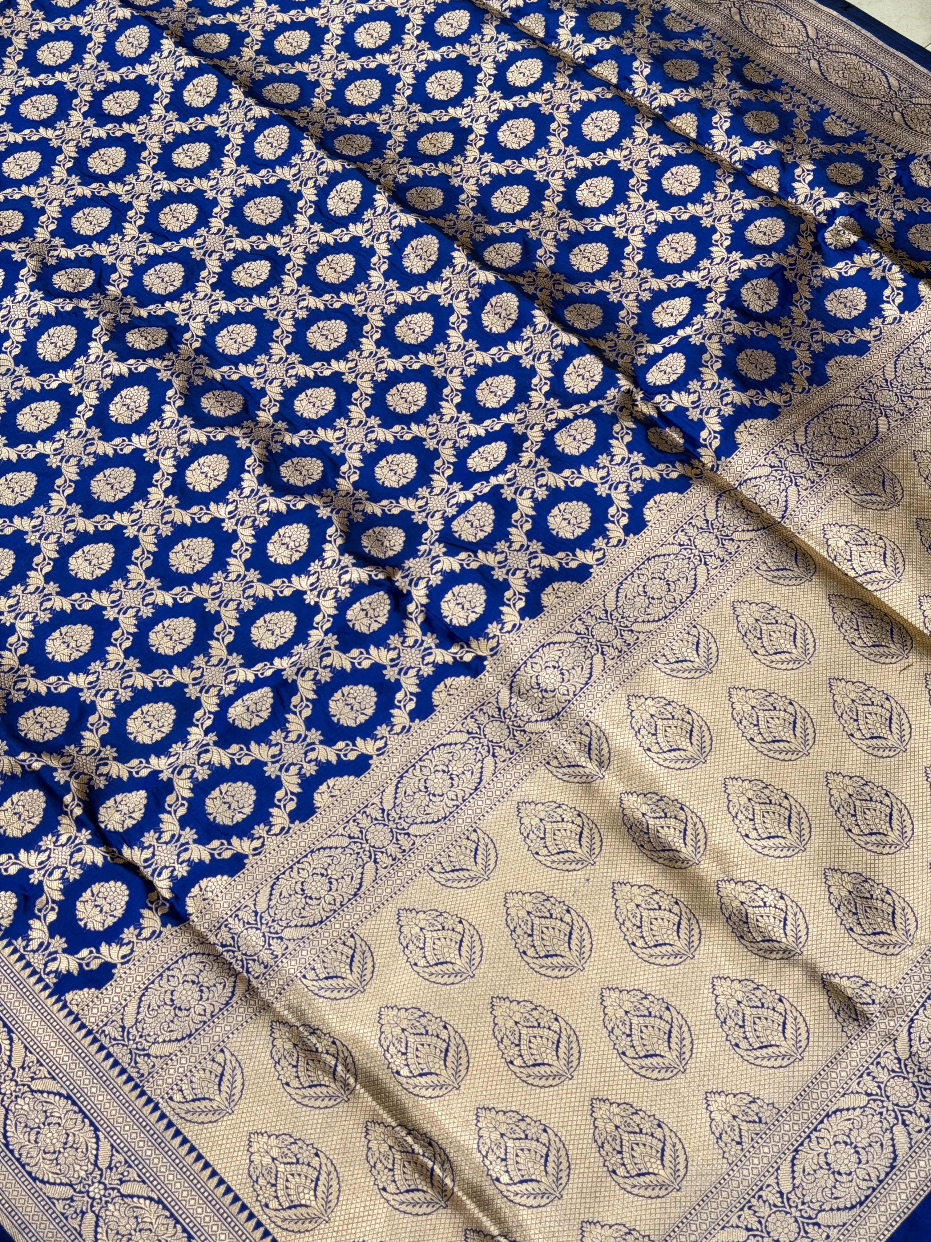Blue Cross Jaal Handloom Banarasi Katan Silk Saree
