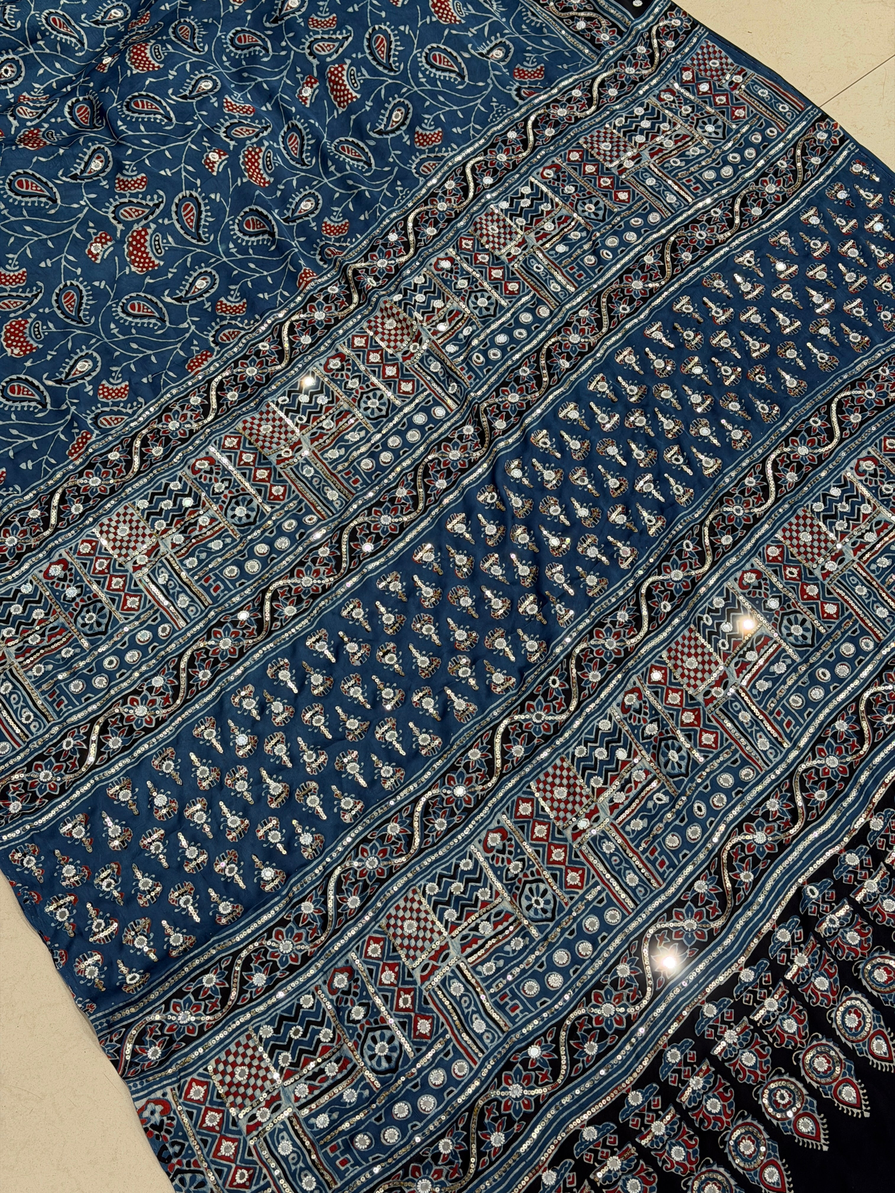 Blue Ajrakh Jaal Real Mirror Moti Sequin Hand Embroidery Saree