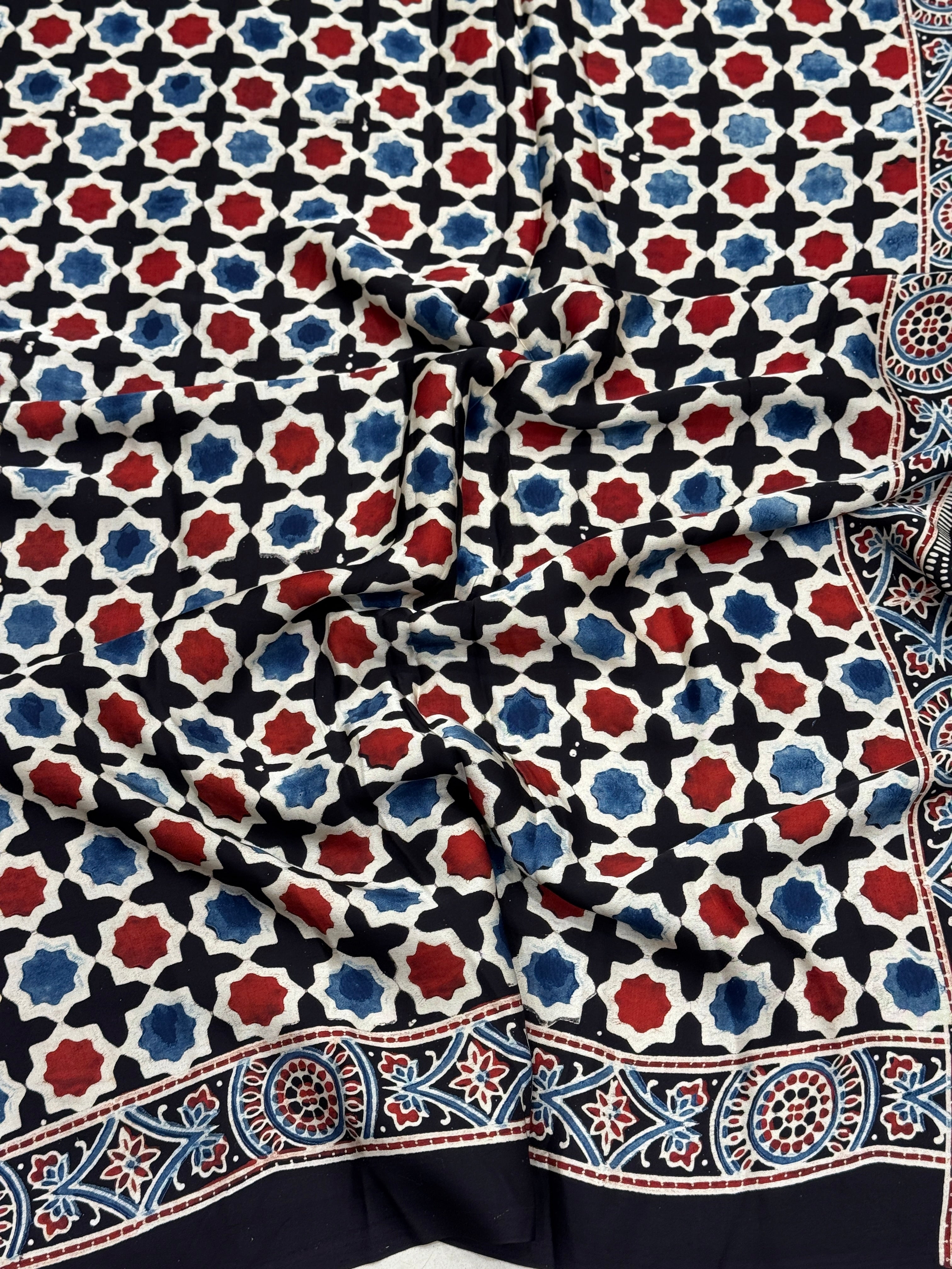 Star Cross Butti Modal Gajji Silk Ajrakh Saree