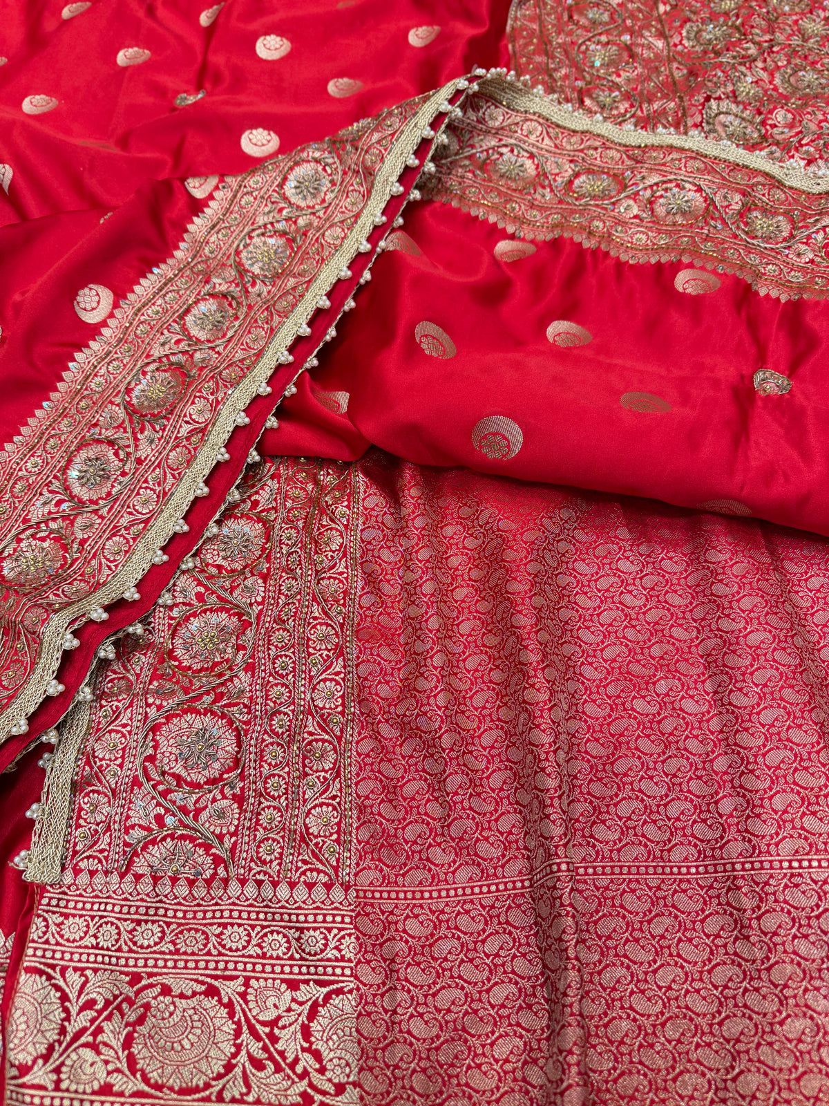 Cross Red Banarasi Chand Buttis Antique Zardosi Hand Embroidery Saree