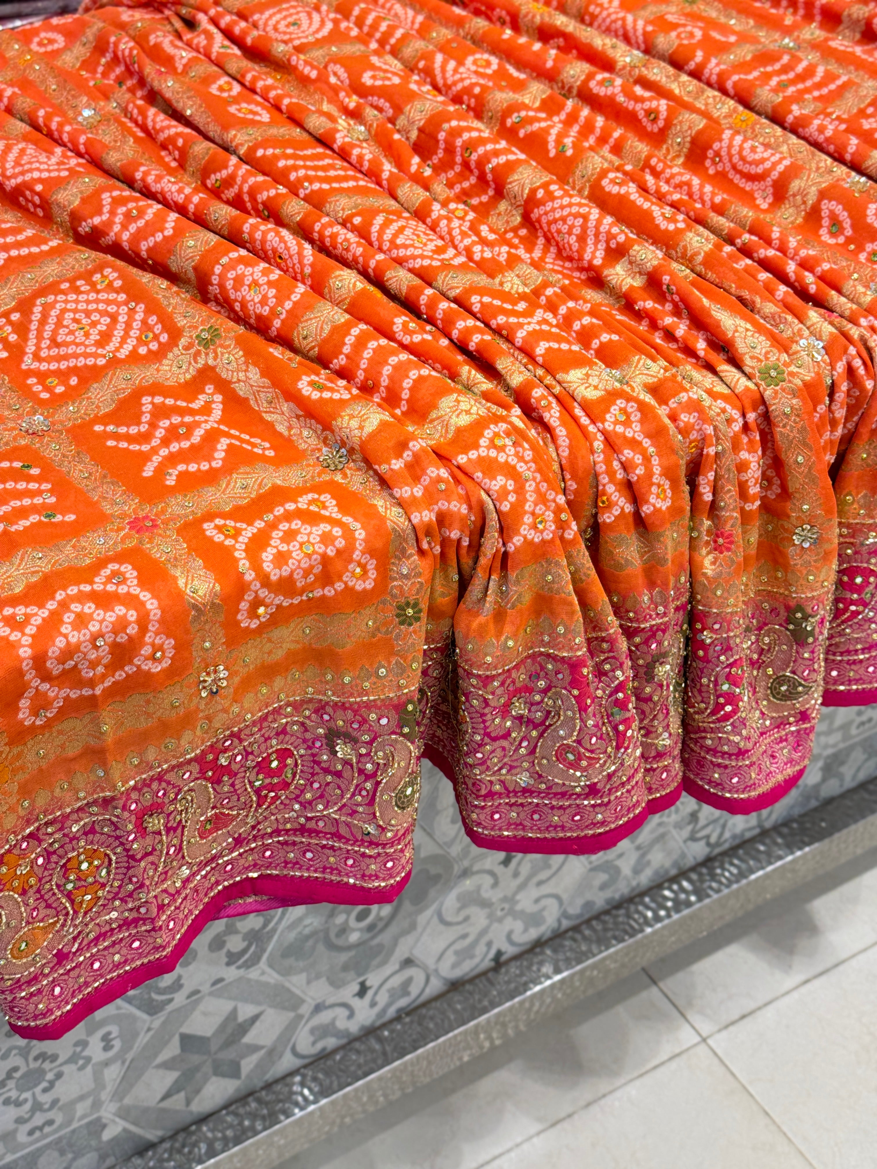 Orange Rani Gharchola Embroidery Saree