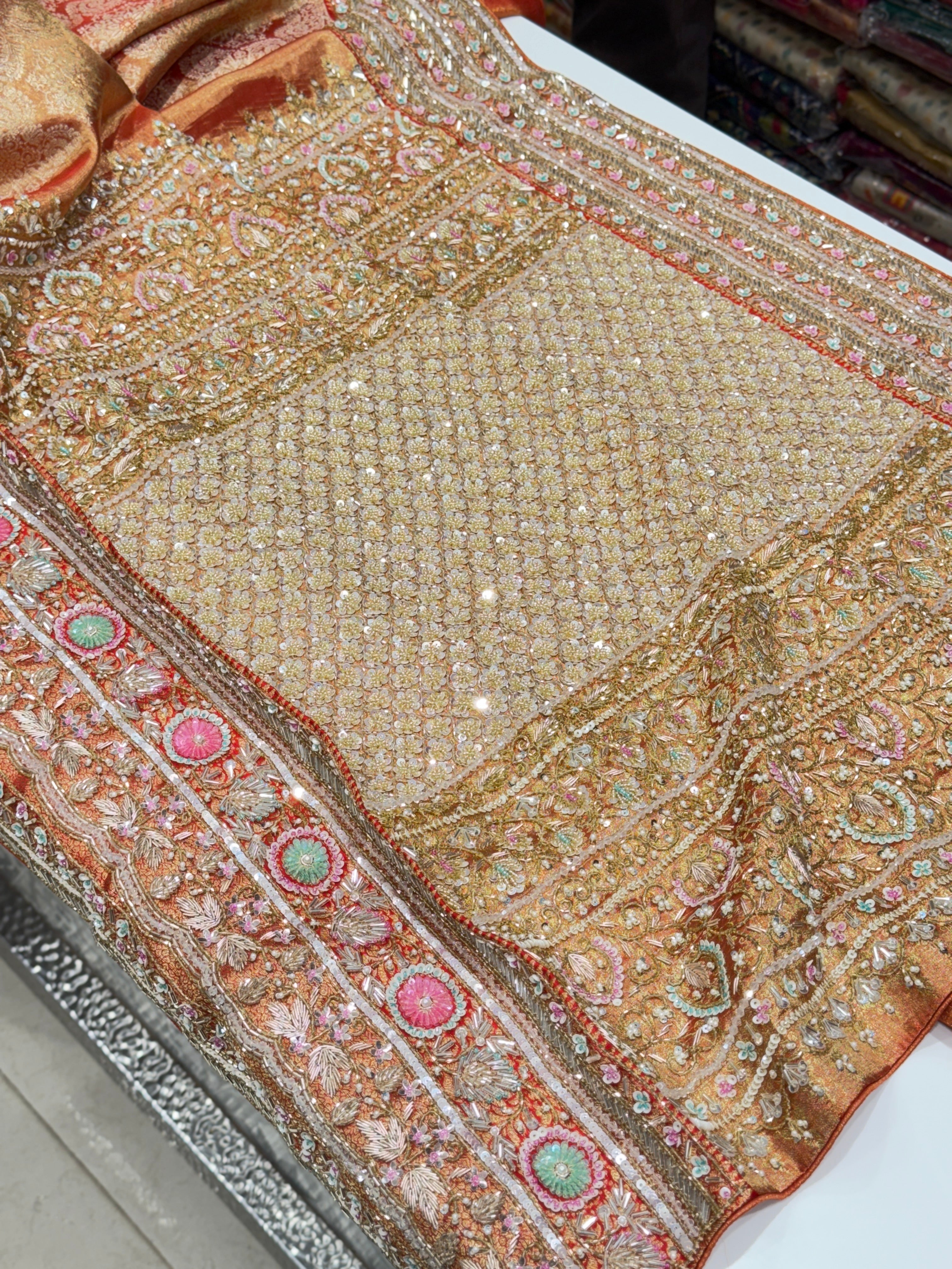 Red Gold Tissue Kanjivaram Hand Embroidery Saree