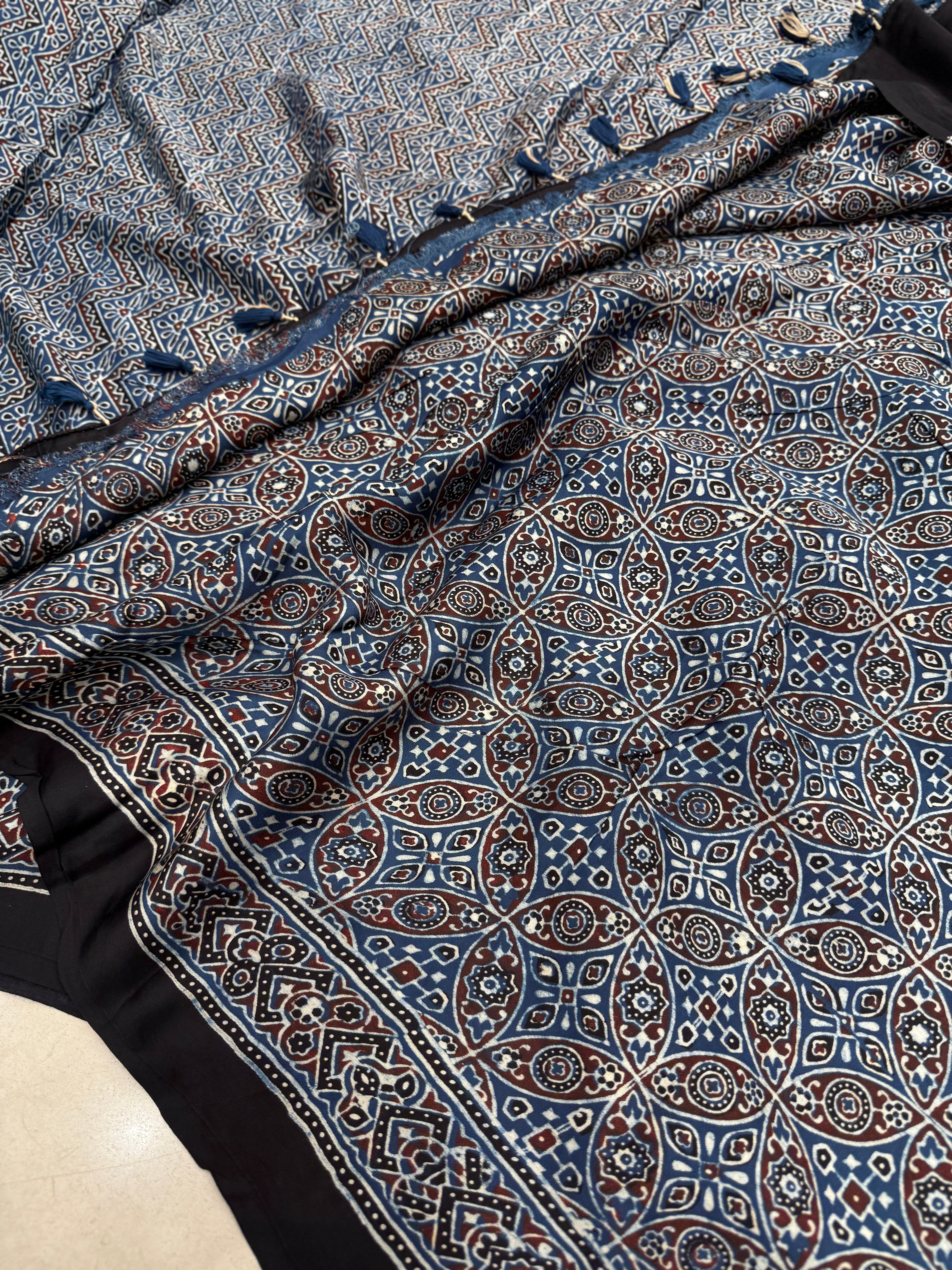 Blue Zig Zag Jaal Ajrakh Block Print Hand Pure Gajji Silk Saree