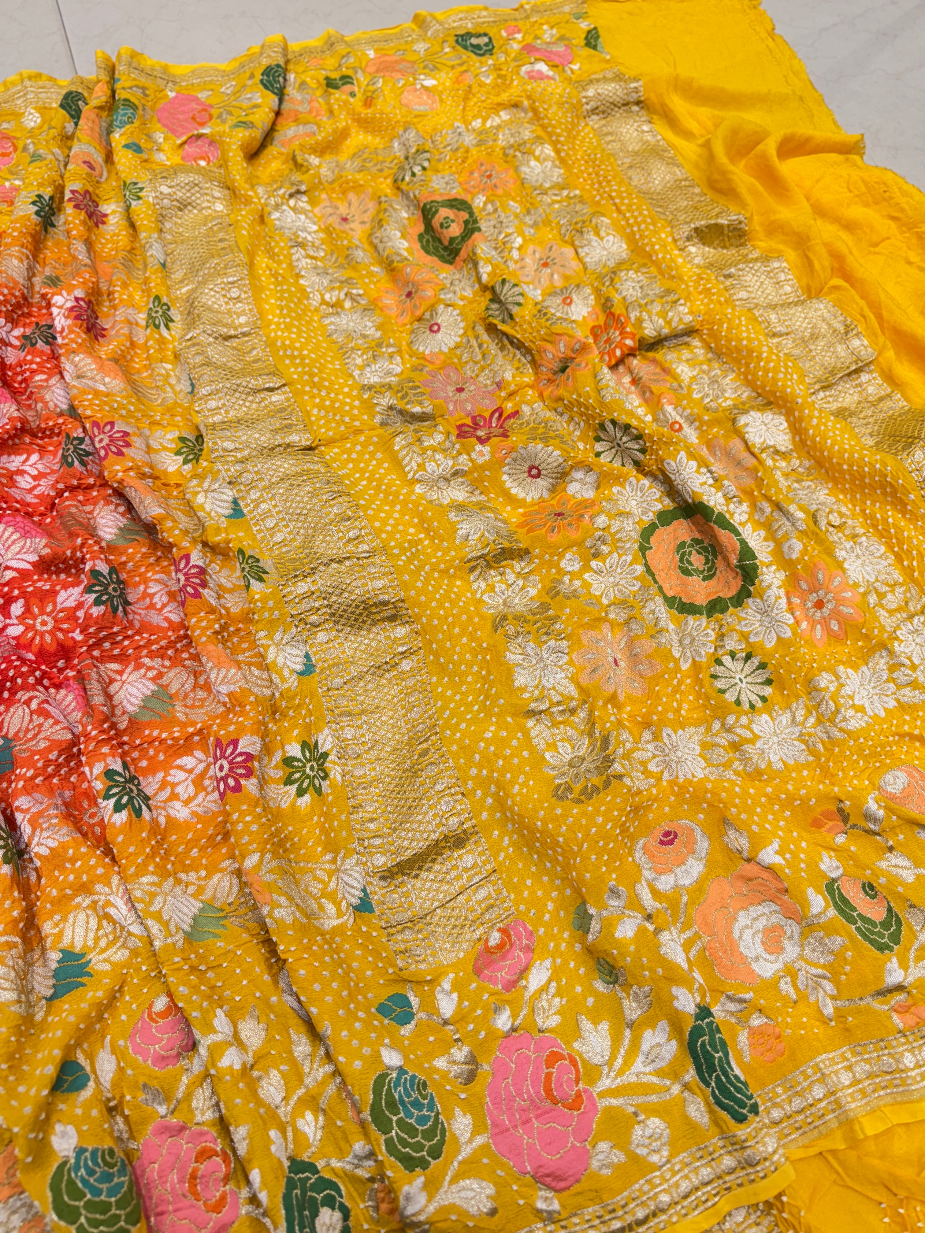 Yellow Red Shaded Floral Meenakari Rai Bandhej Georgette Bandhini Saree