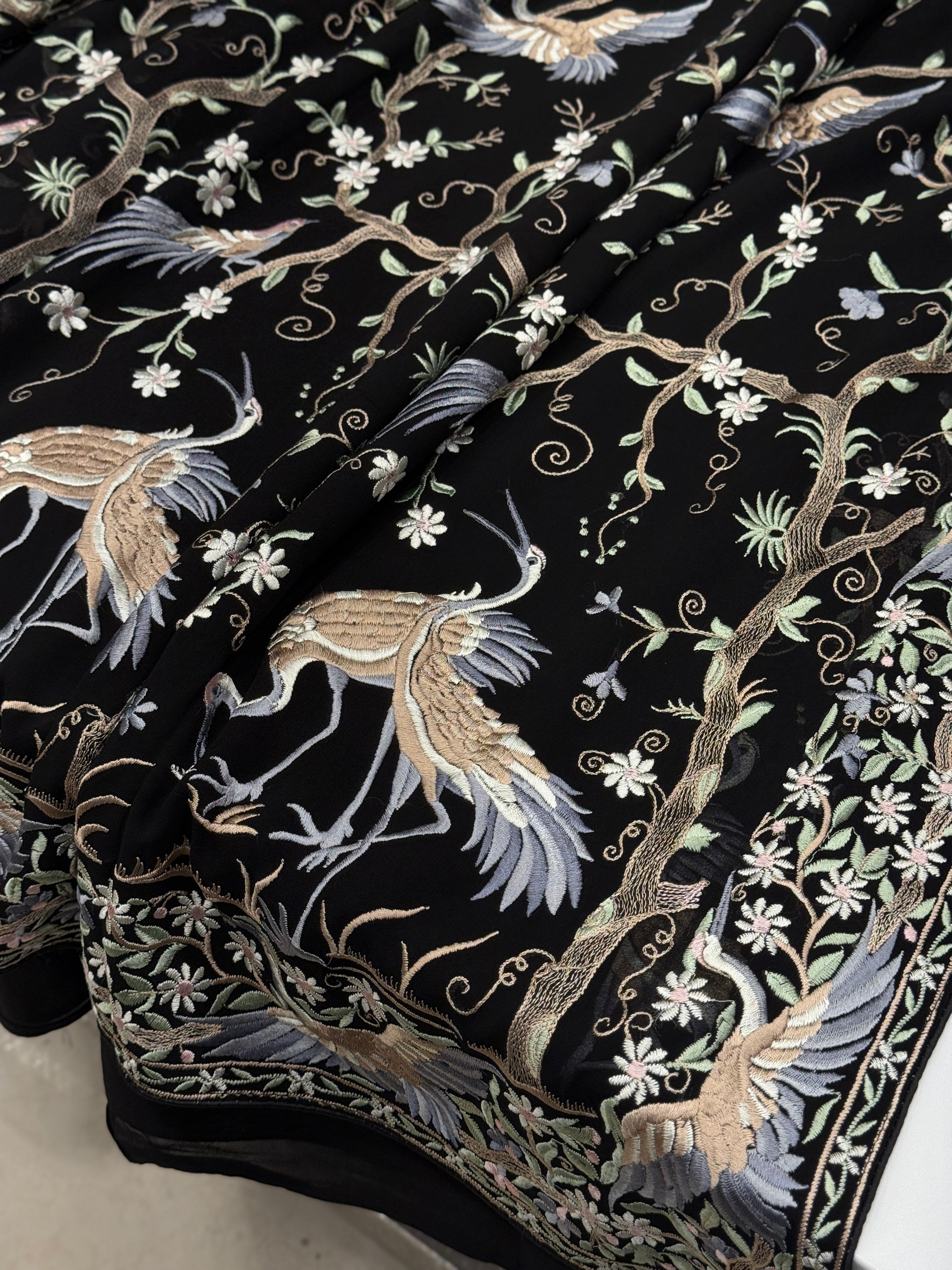 Black Tree Of Life Flamingo Parsi Gara Saree