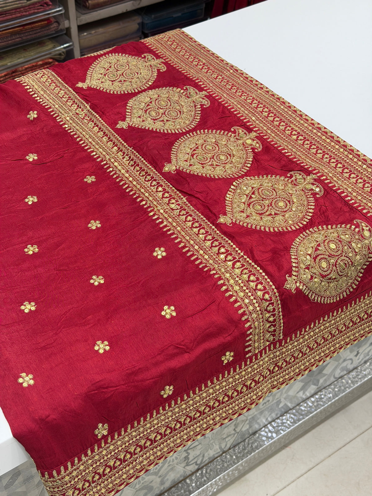 Maroonish Red Buttas Pallu Sabyasachi Inspired Marodi Embroidery Zardosi Saree