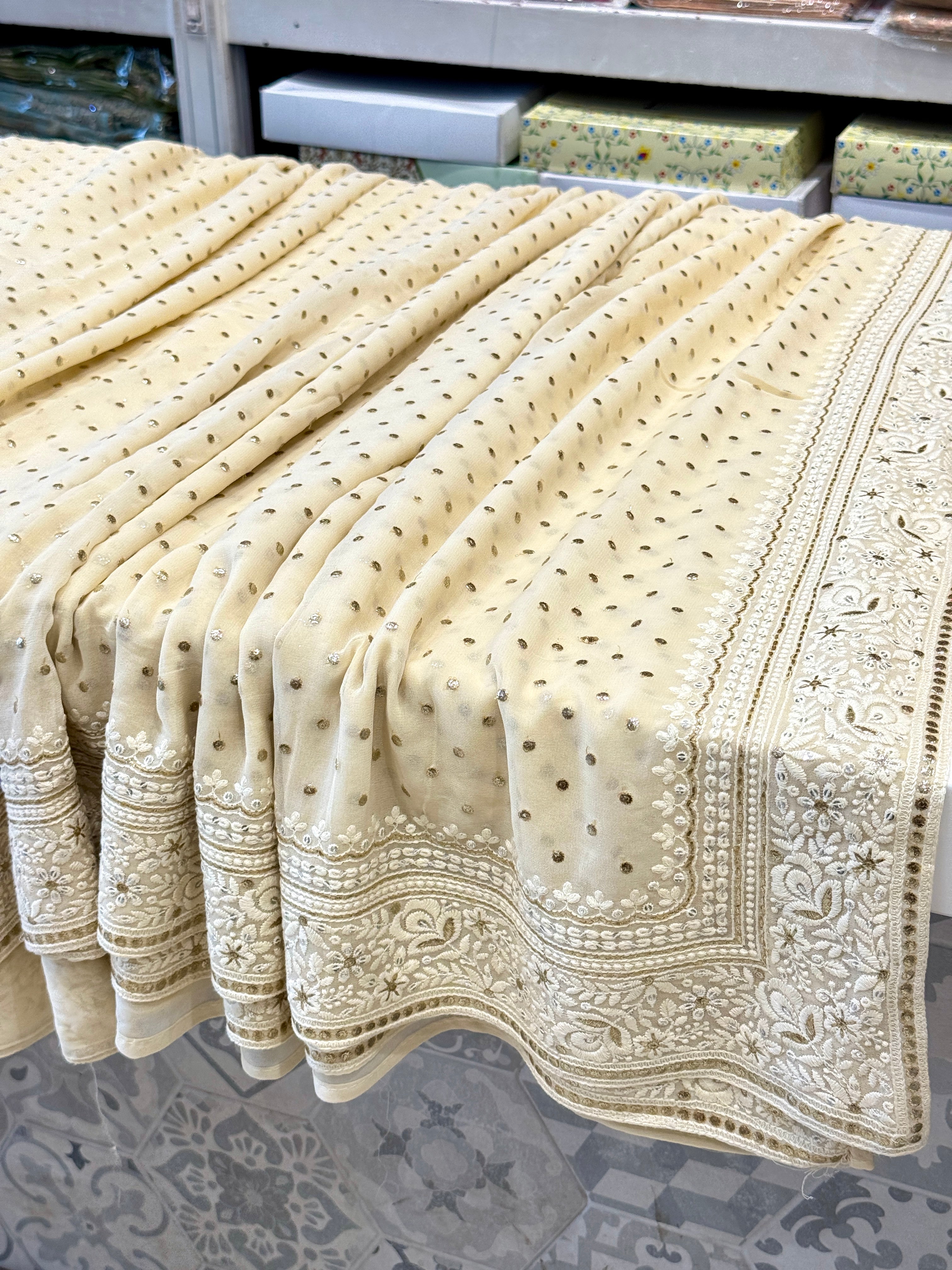 Moti White Chikankari Saree with Mukaish Embroidery