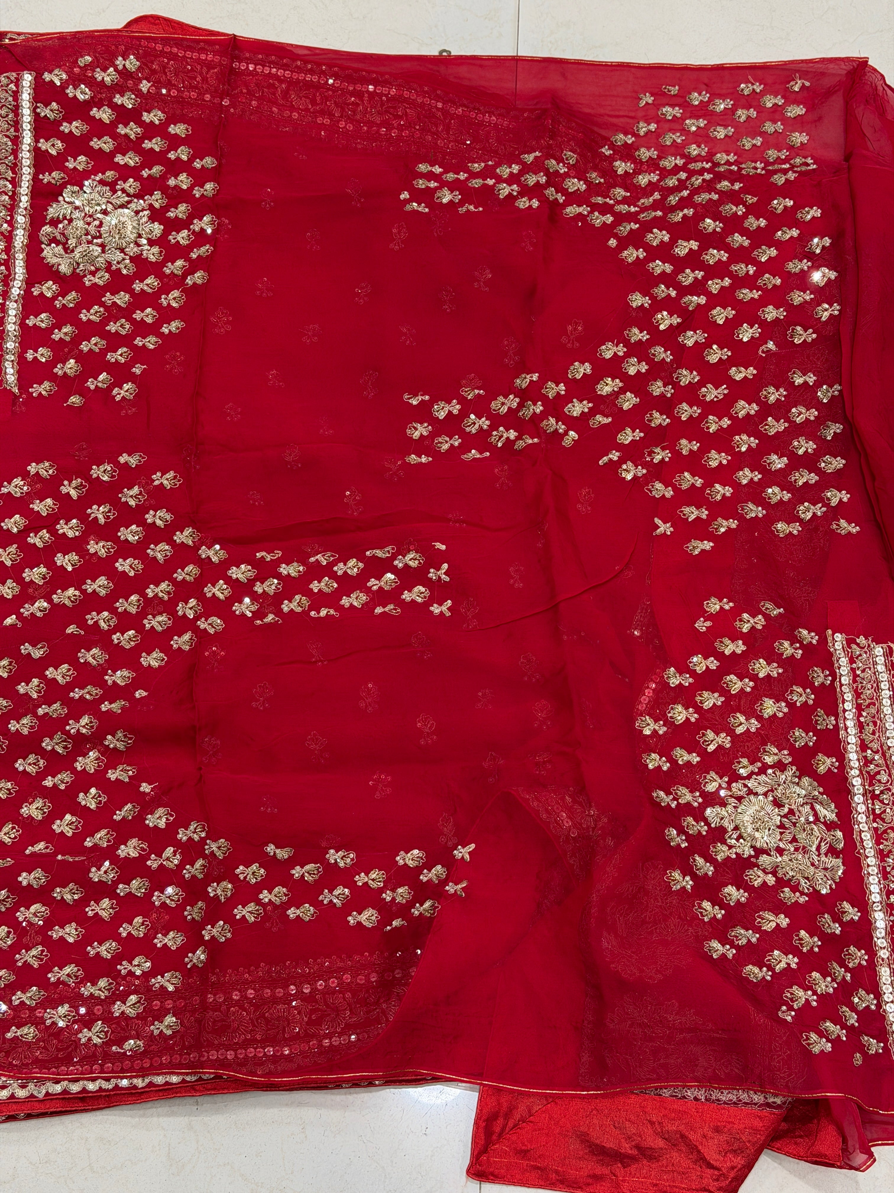 Red Satin Organza Sabyasachi Inspired Zardozi Butti Saree