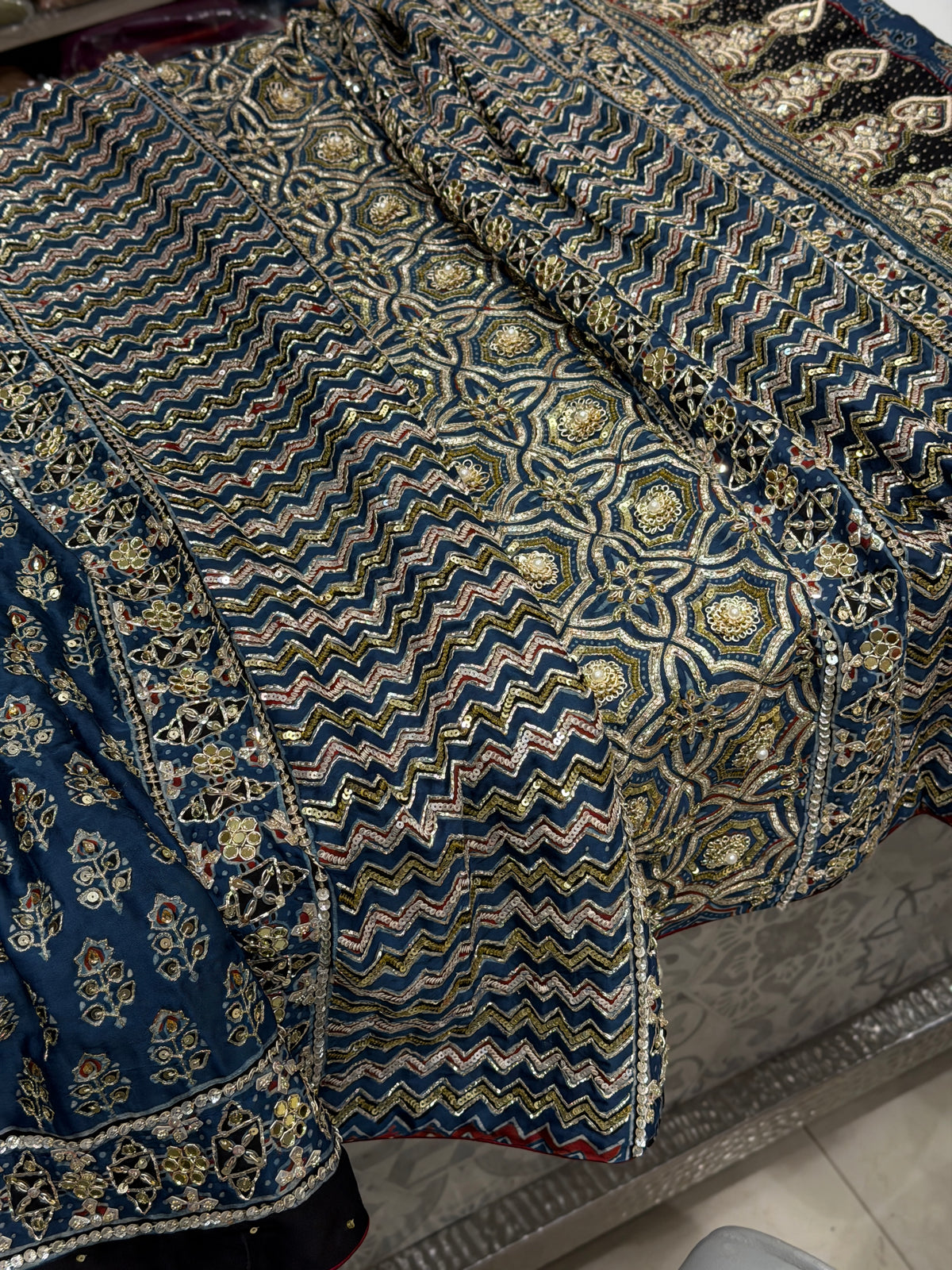 Blue Keri Butti Pita Sequin Ajrakh Hand Embroidery Saree