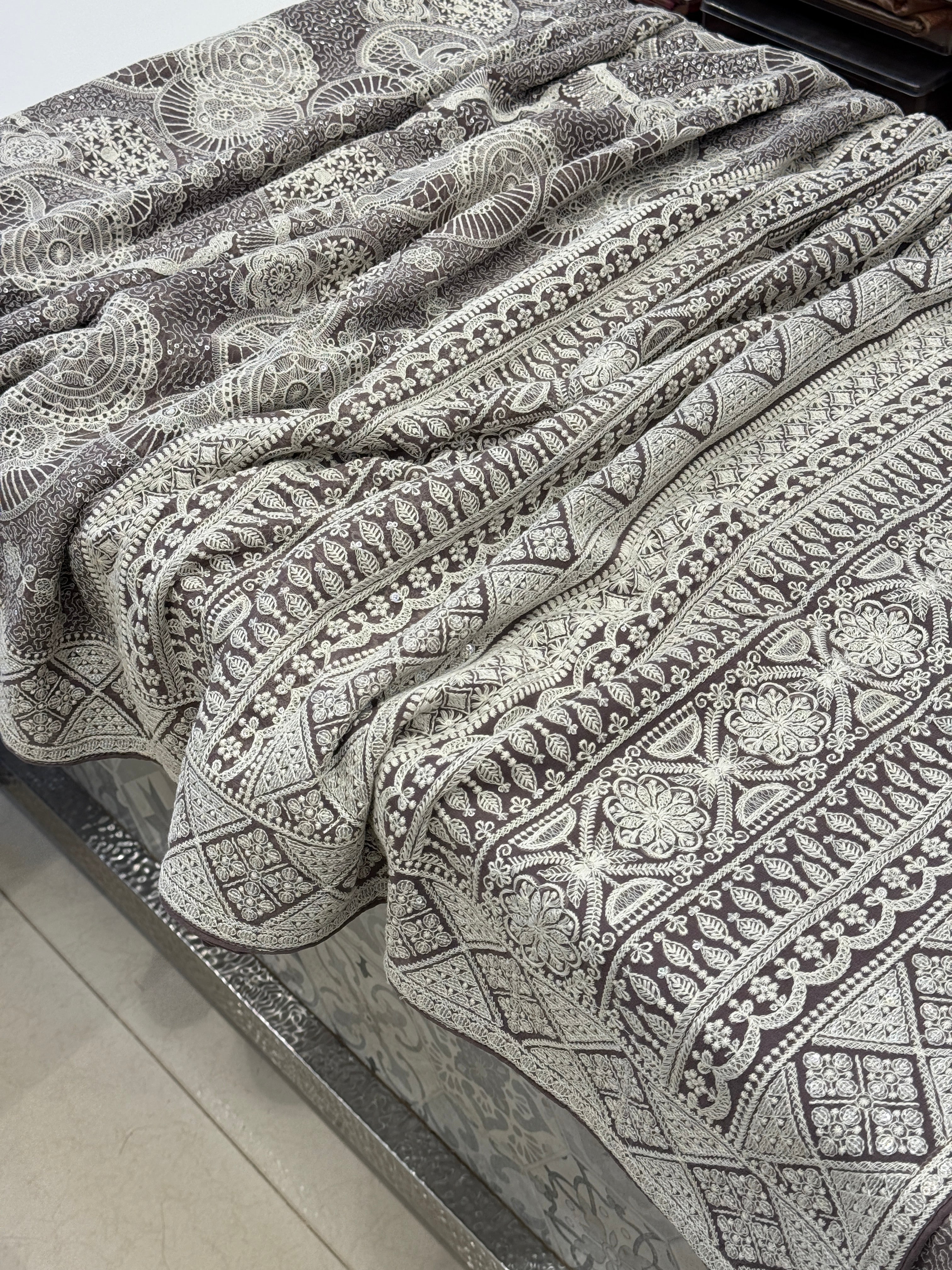 Brownish Grey Chikankari Georgette Jaal Saree