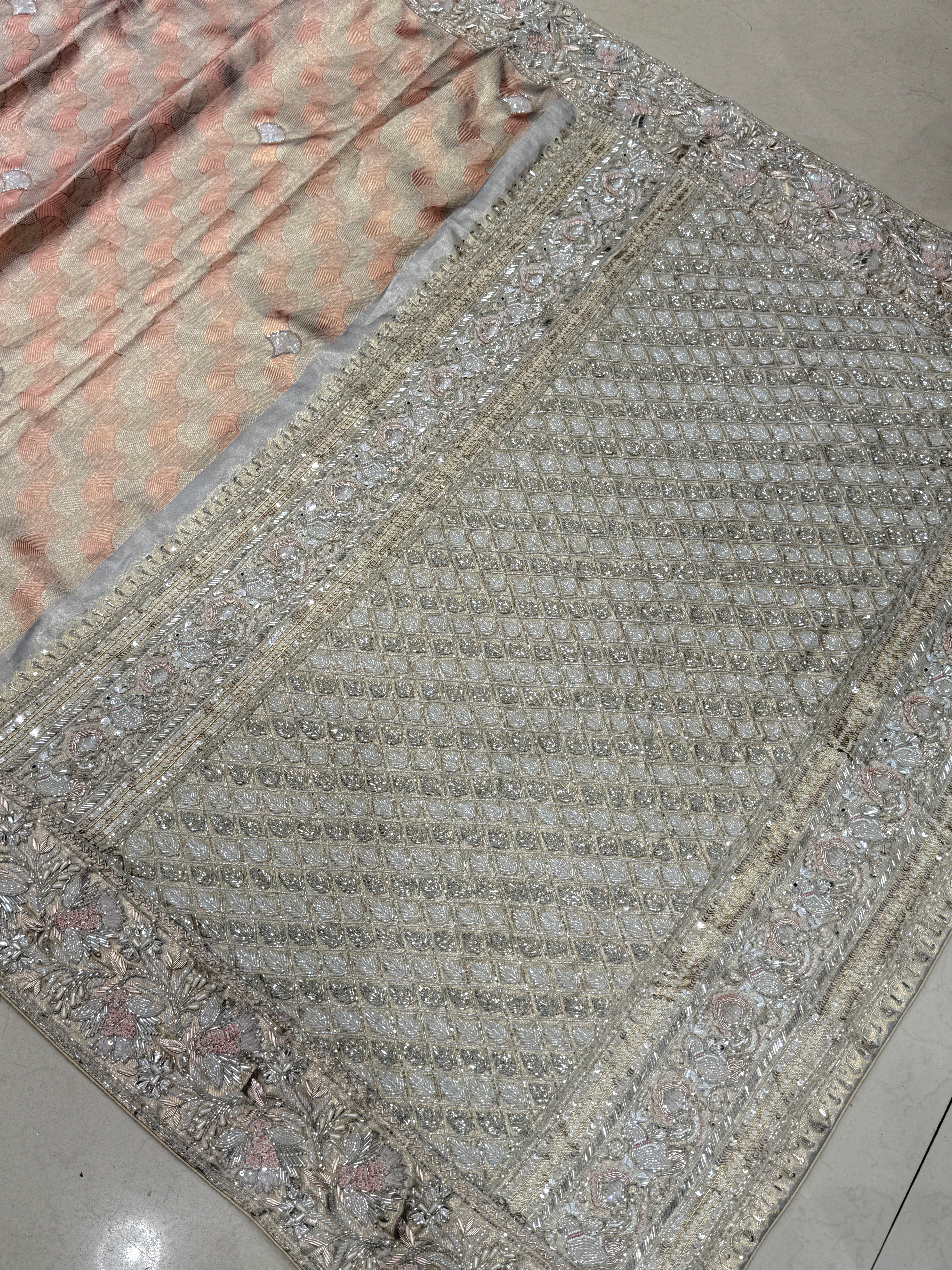 Peach Silver Contemporary Kanjivaram Hand Embroidery Zardosi Saree