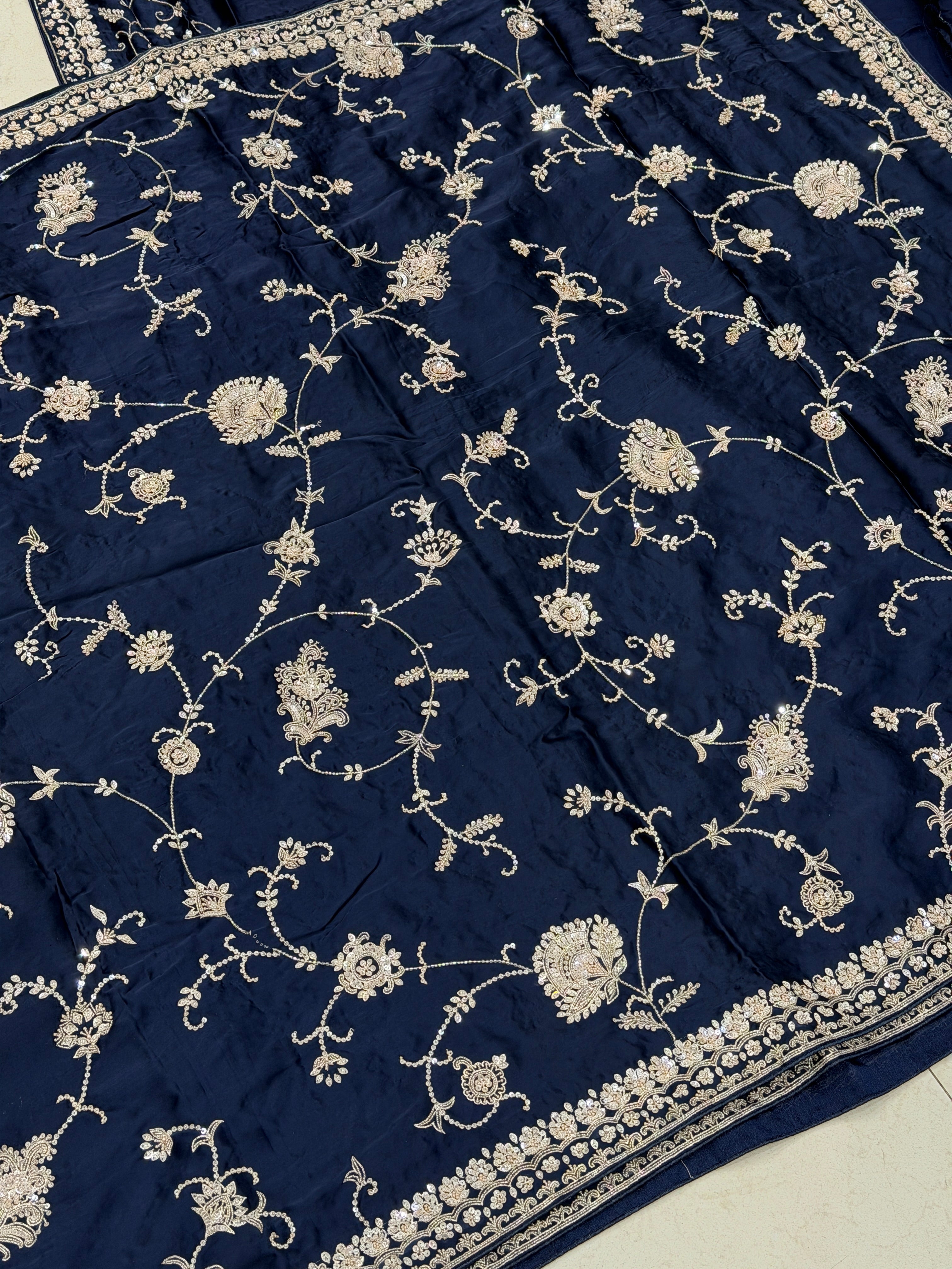 Blue Satin Silk Moti Sequin Jaal Hand Embroidery Saree