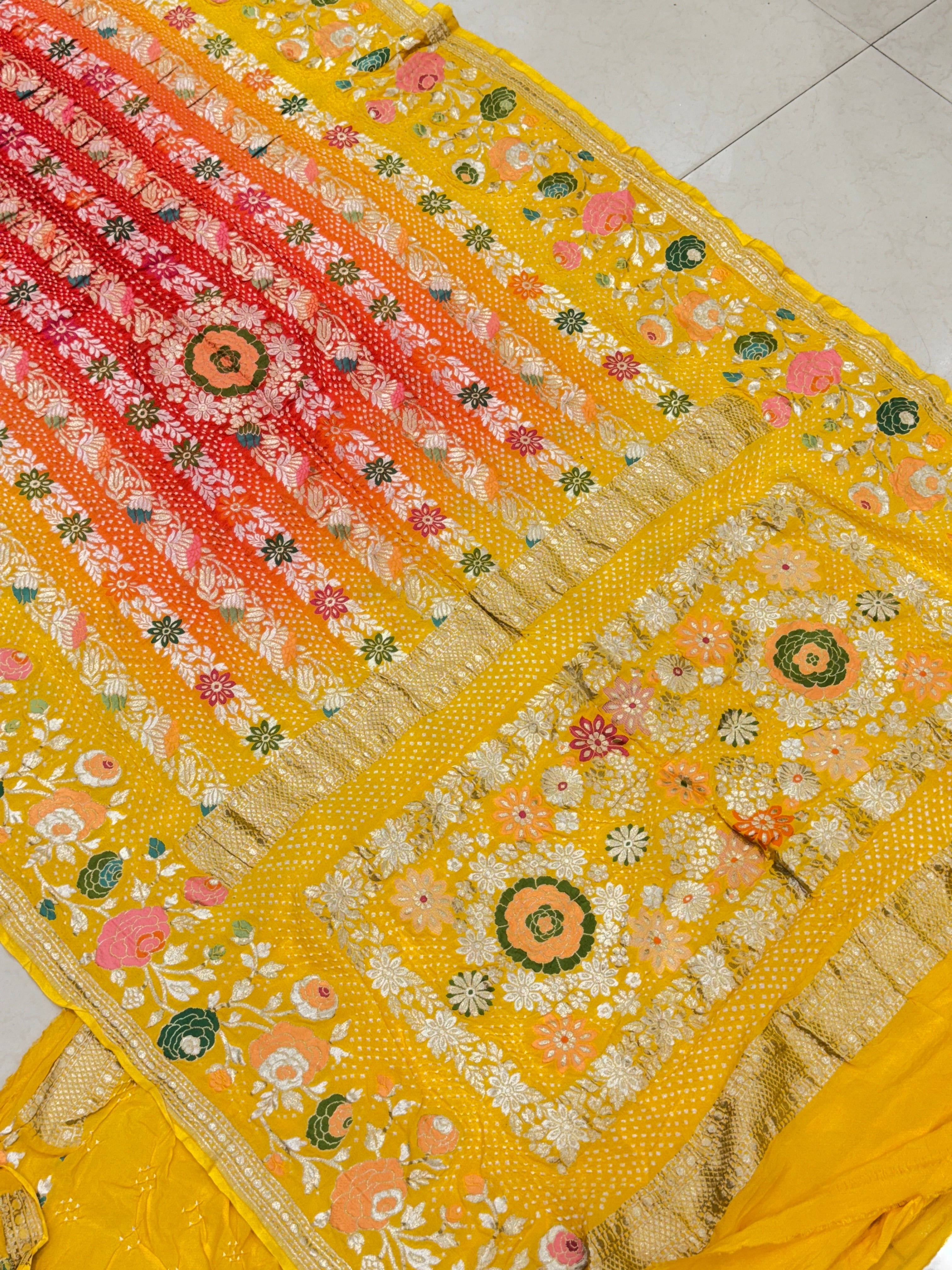 Yellow Red Shaded Floral Meenakari Rai Bandhej Georgette Bandhini Saree