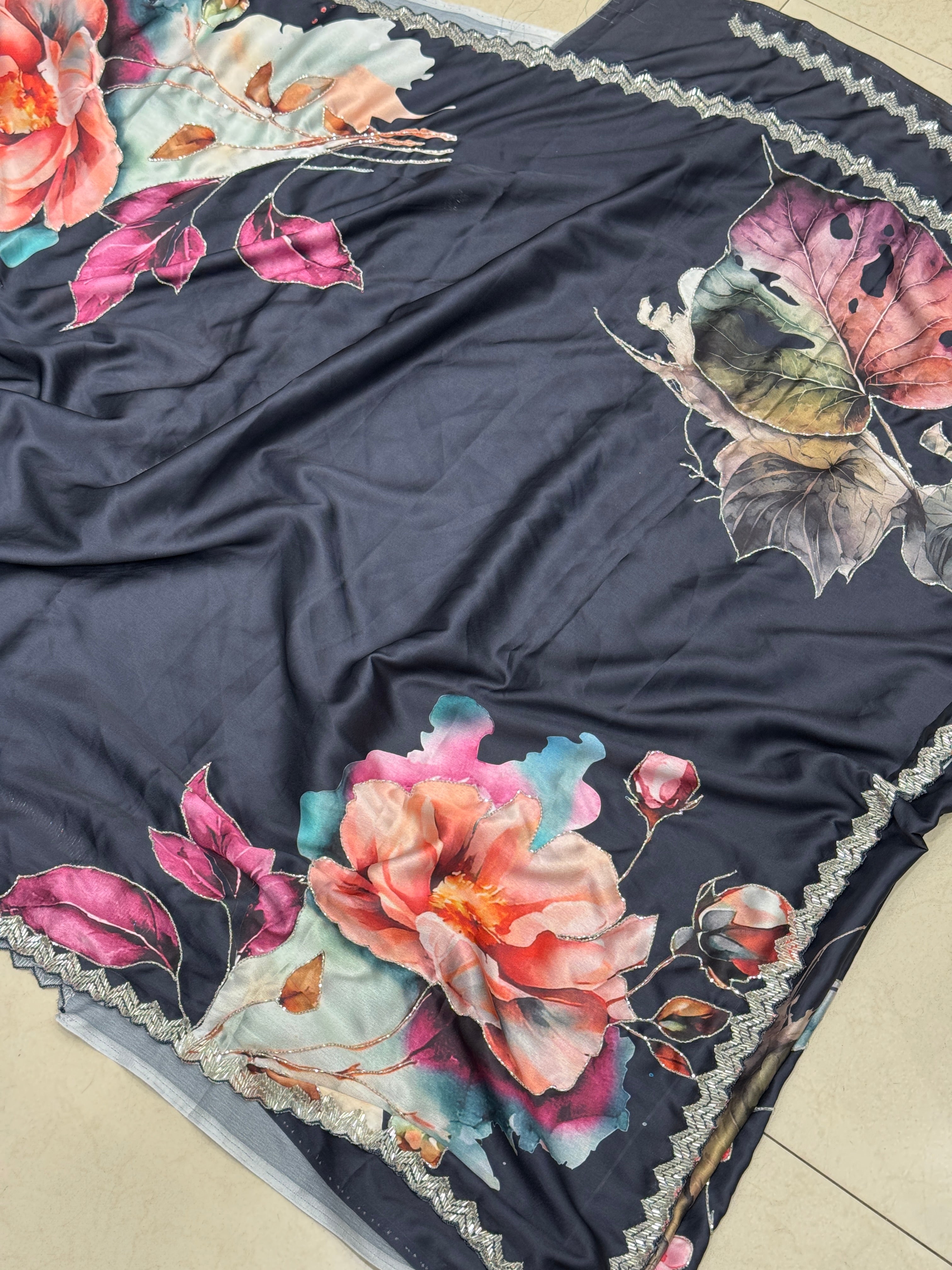 Black Satin Floral Print Hand Embroidery Saree