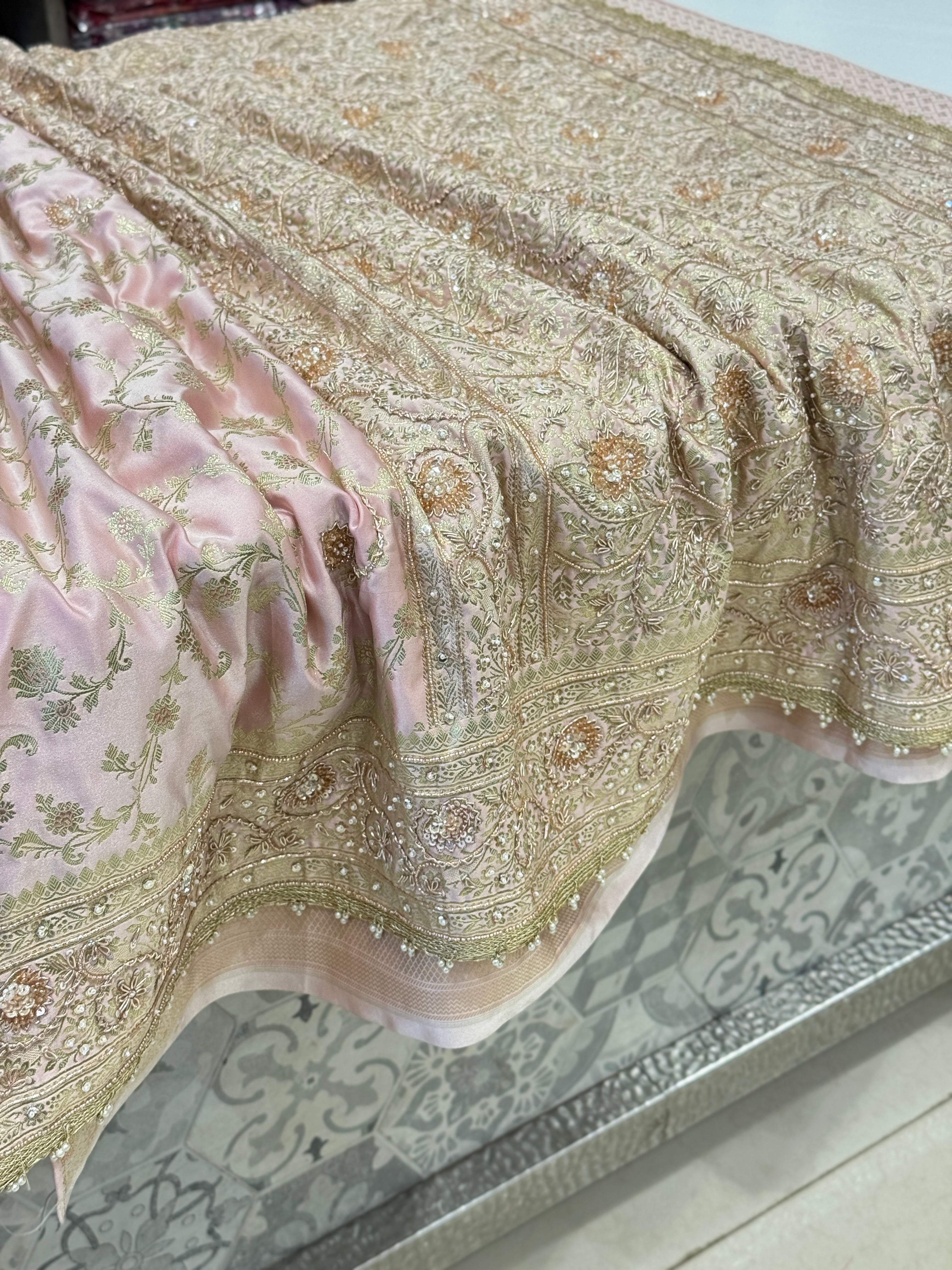 Pastel Pink Banarasi Sequin Zardosi Hand Embroidery Saree