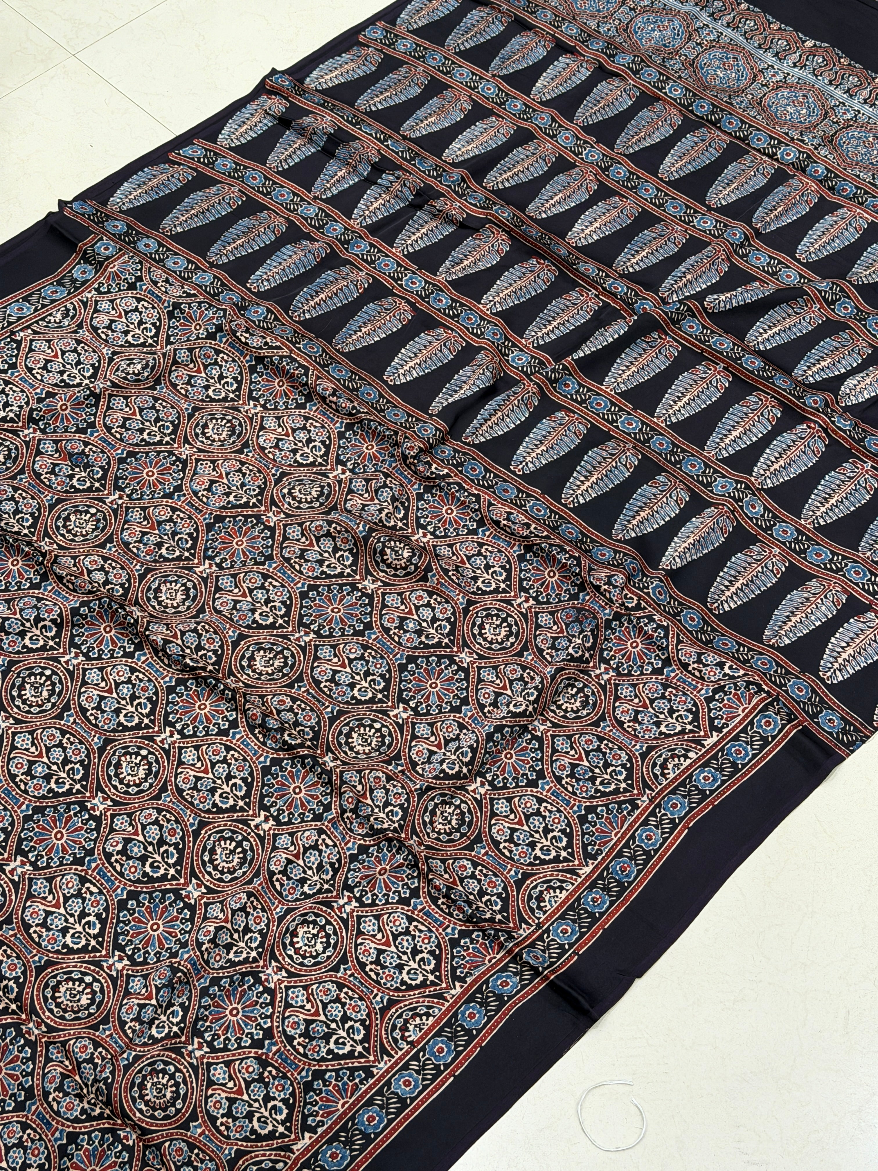 Black Coated Flower Butti Ajrakh Hand Block Print Pure Modal Silk Saree