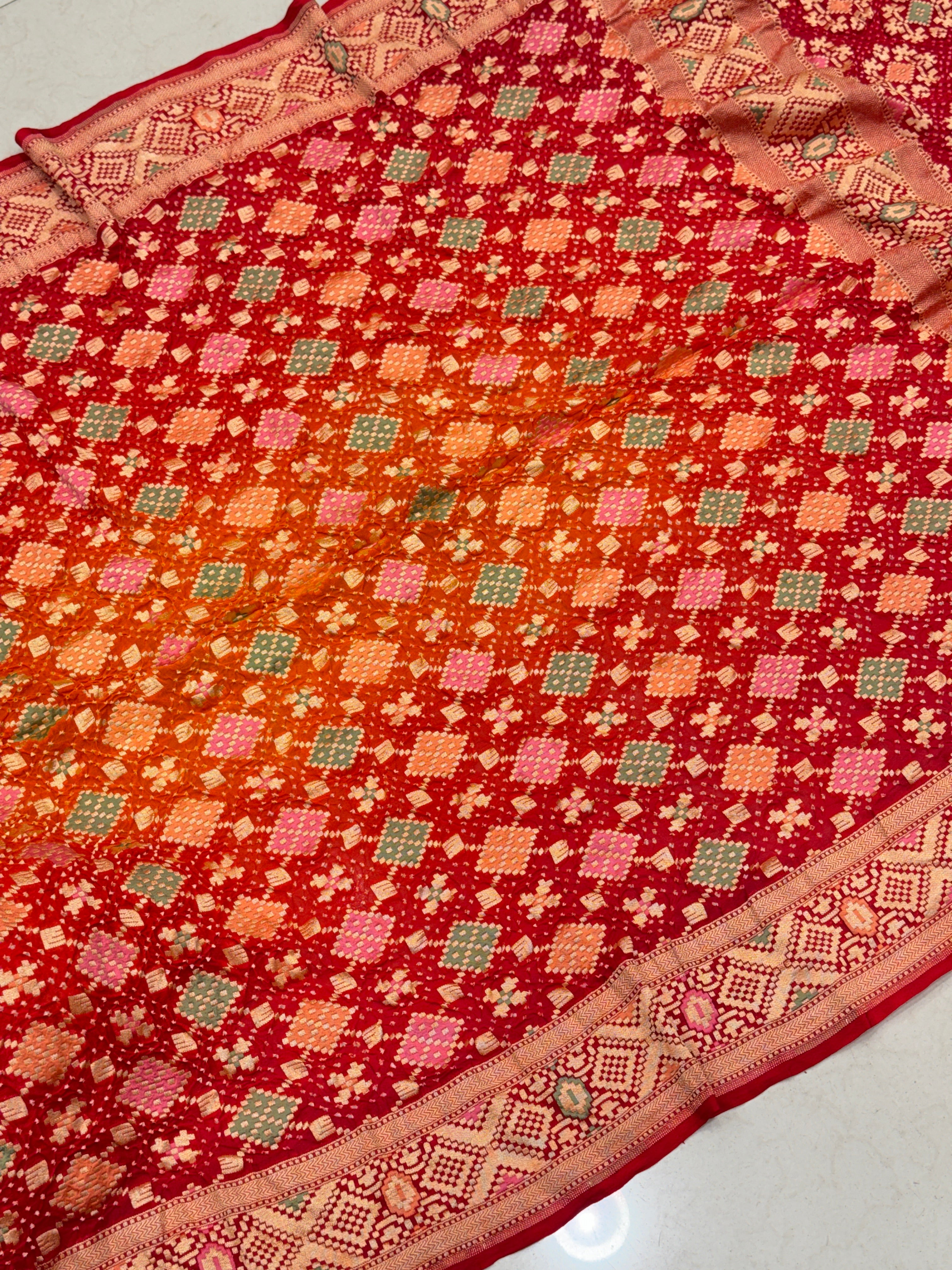 Orange Red Shaded Patola Weave Meenakari Georgette Bandhej Saree