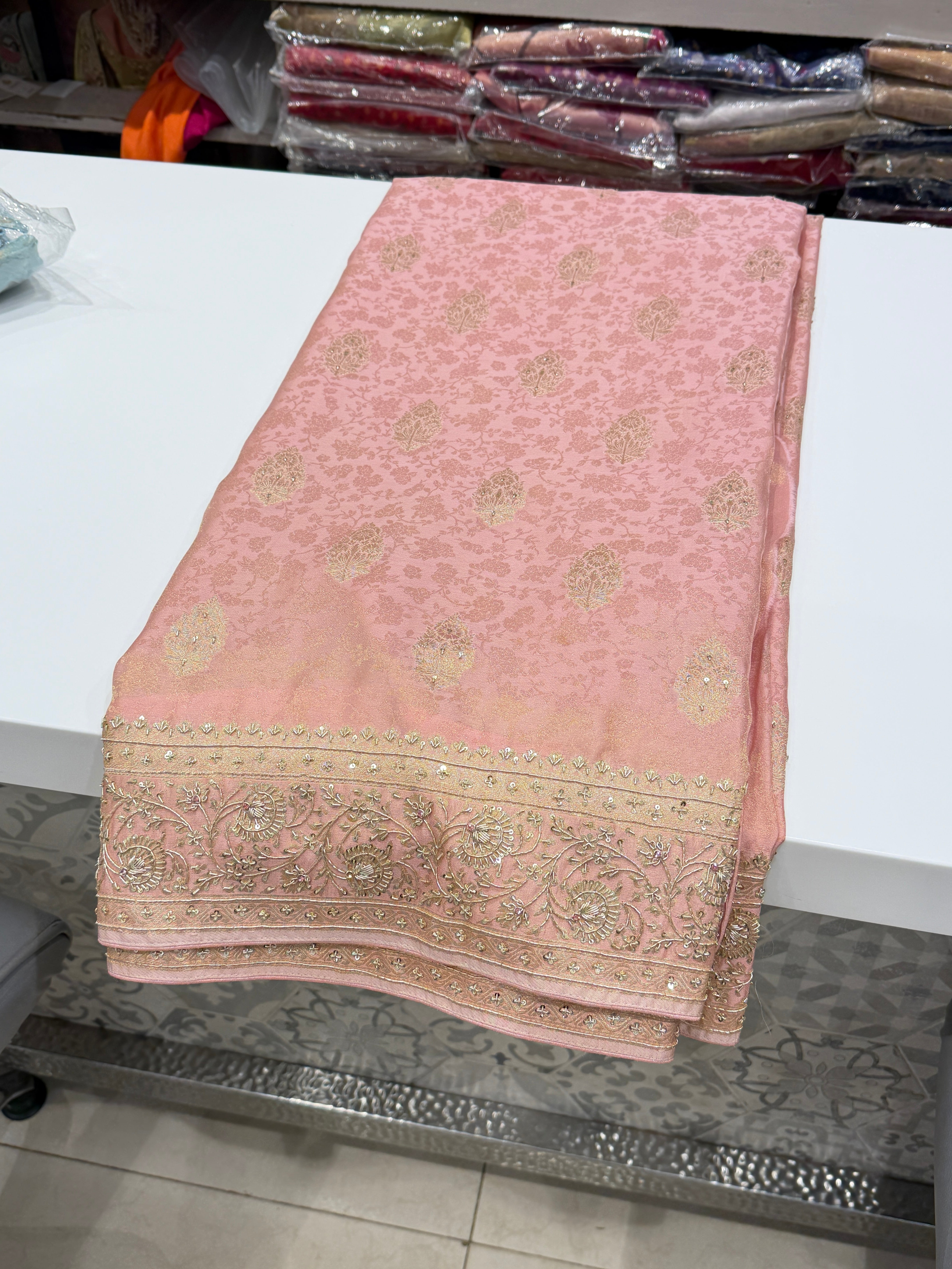 Pink Banarasi Crepe Tissue Zardodi Hand Embroidery Saree