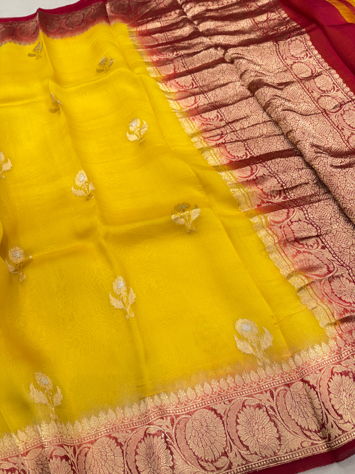 Yellow Red Buttas Handloom Banarasi Kora Silk Saree