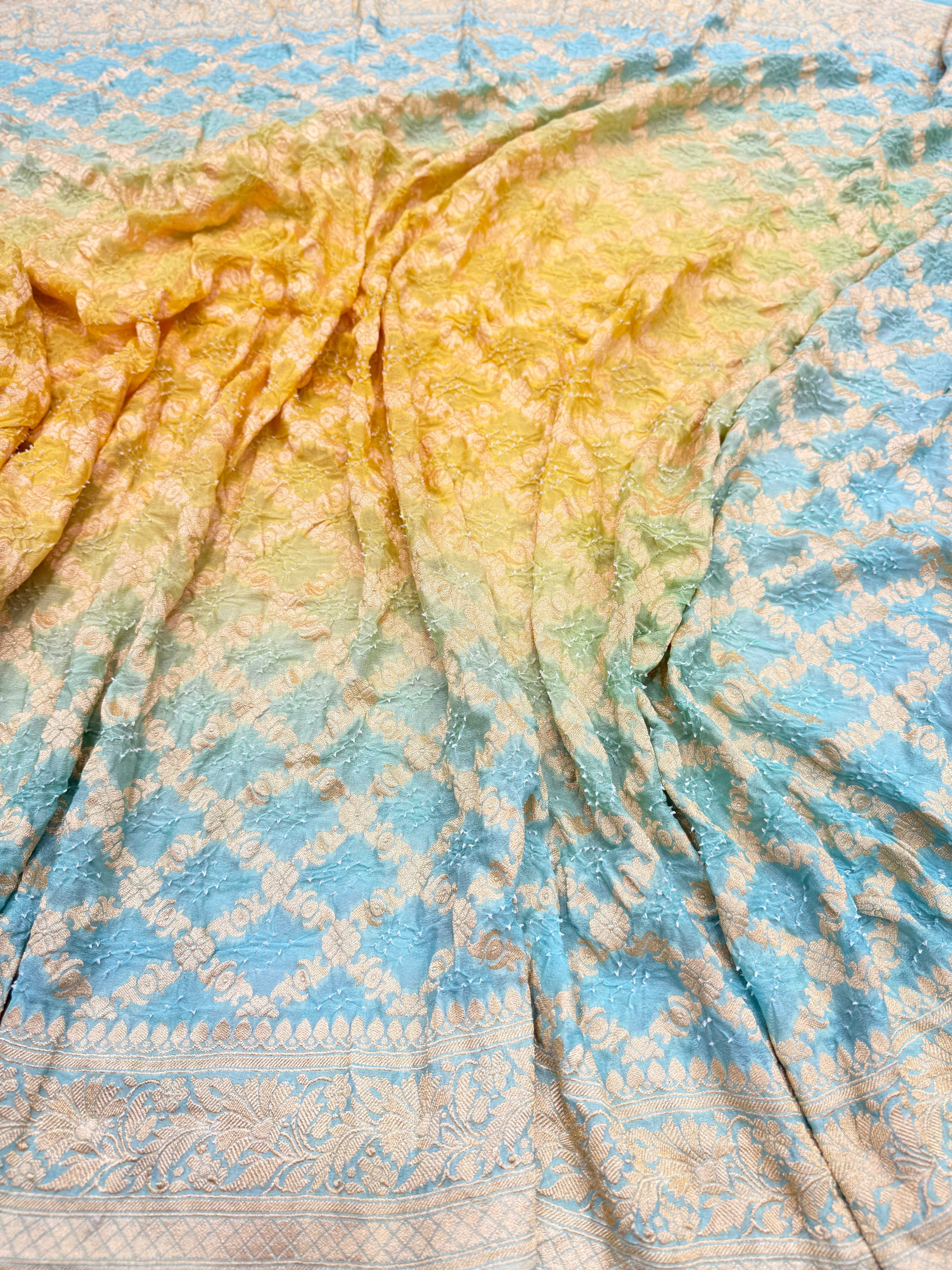 Blue Yellow Shaded Floral Border Bandhej Bandhini Saree