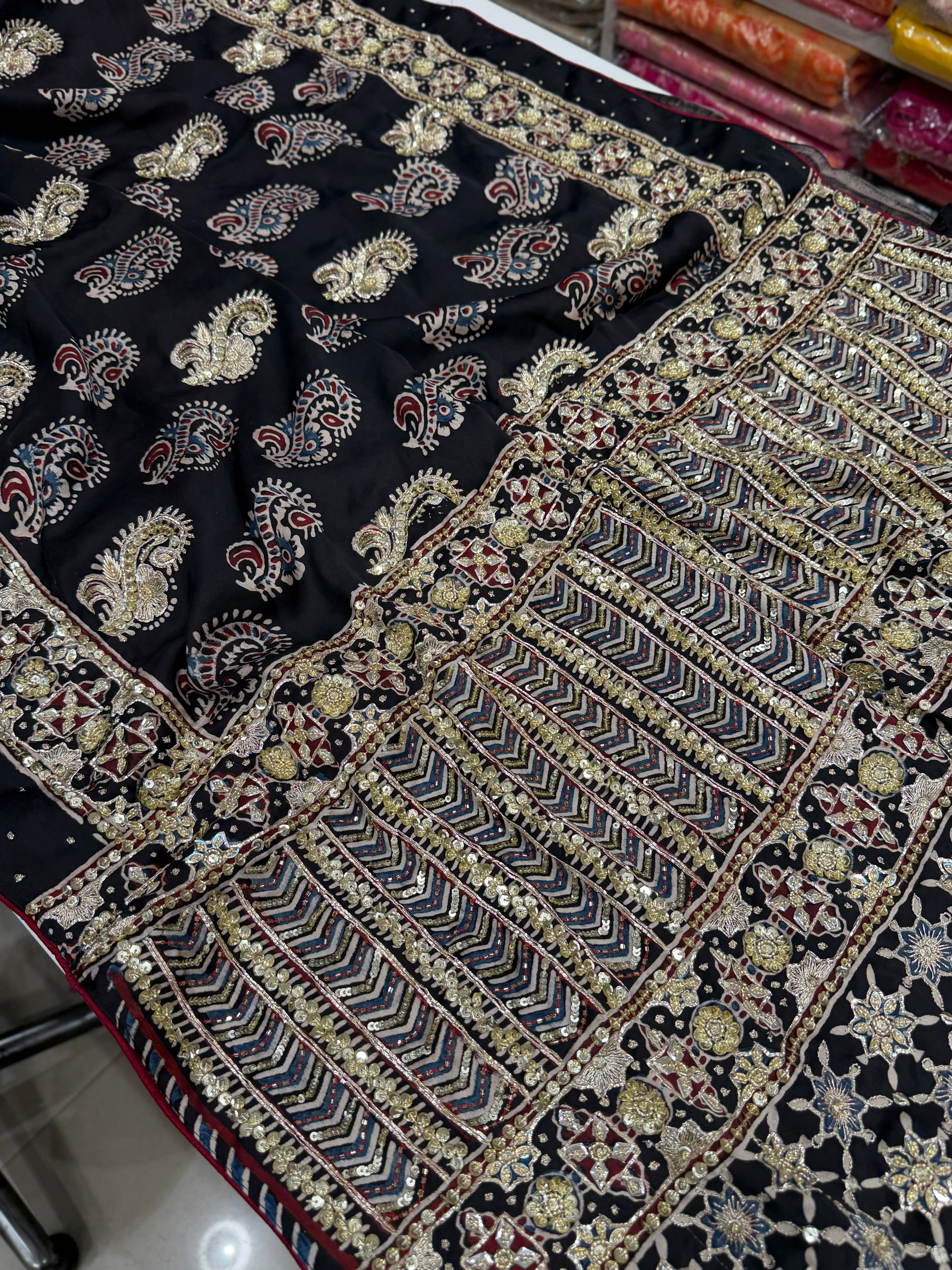 Black Buttas Zardosi Pita Sequin Ajrakh Hand Embroidery Saree