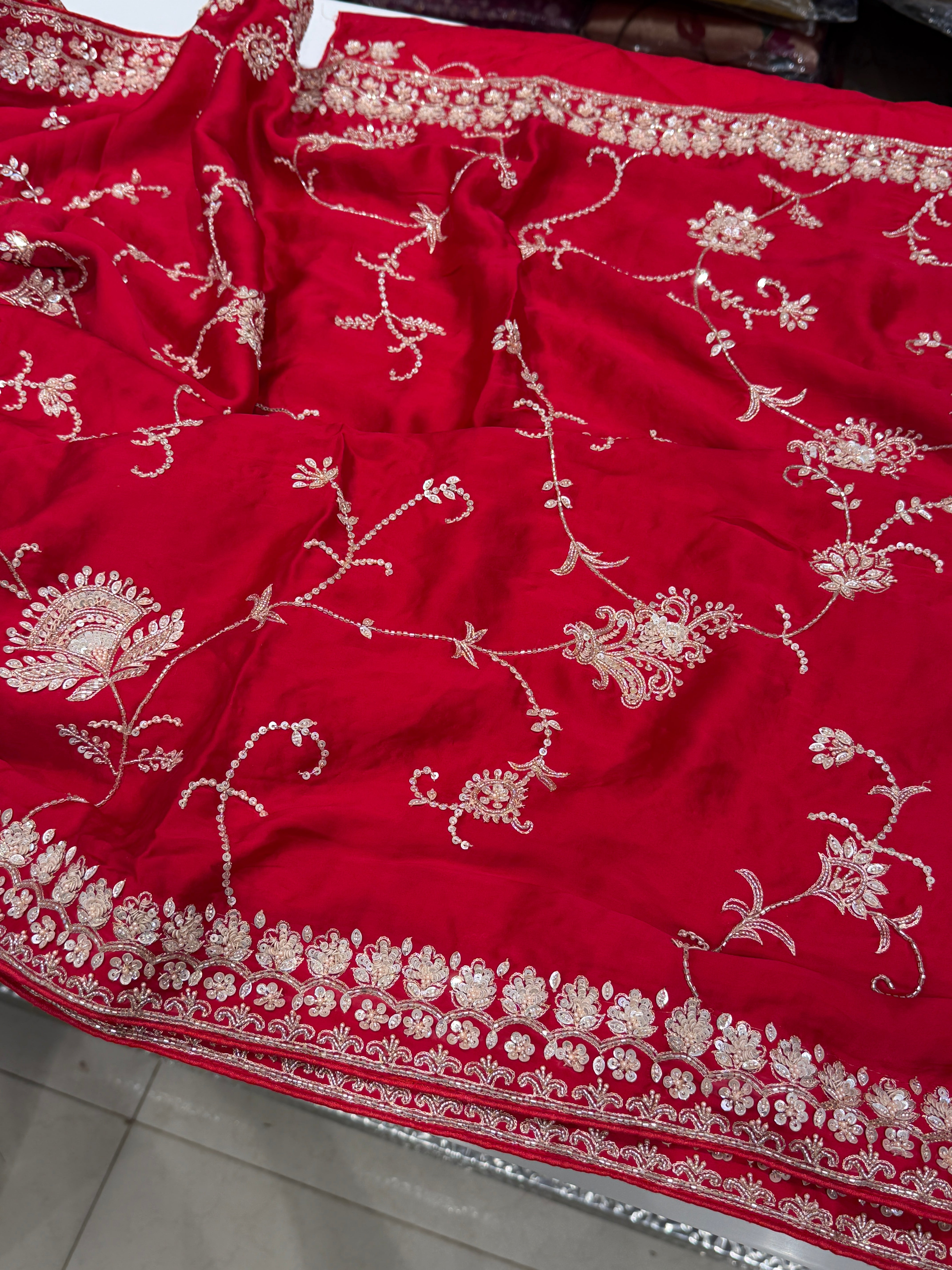 Red Satin Floral Jaal Hand Embroidery Saree