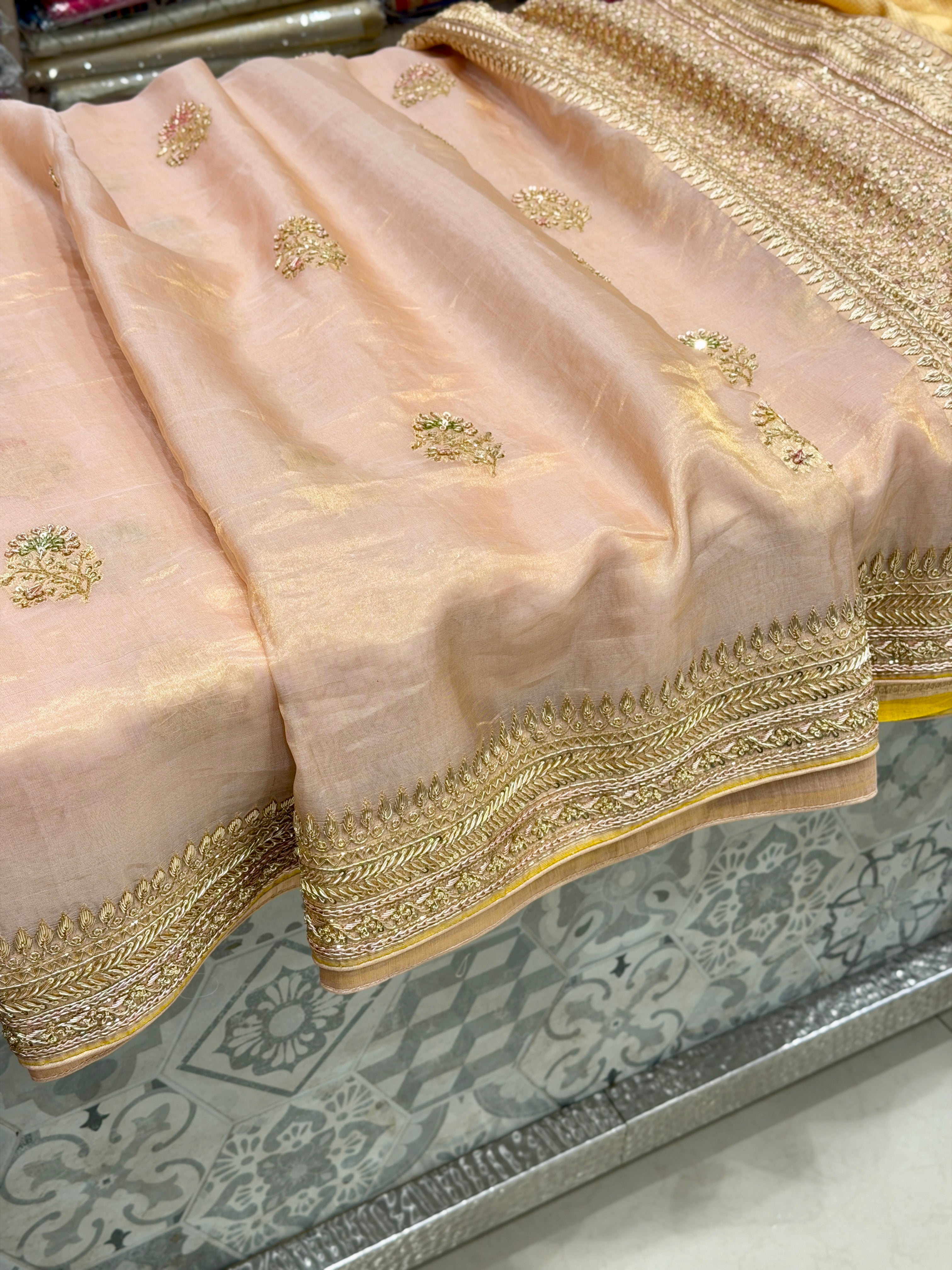 Pink Banarasi Tissue Handloom Kadwa Weave Zardosi Embroidery Saree