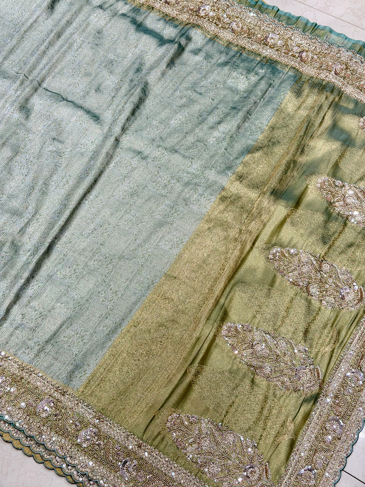 Sea Green Woven Tissue Silk Moti Sequin Saree