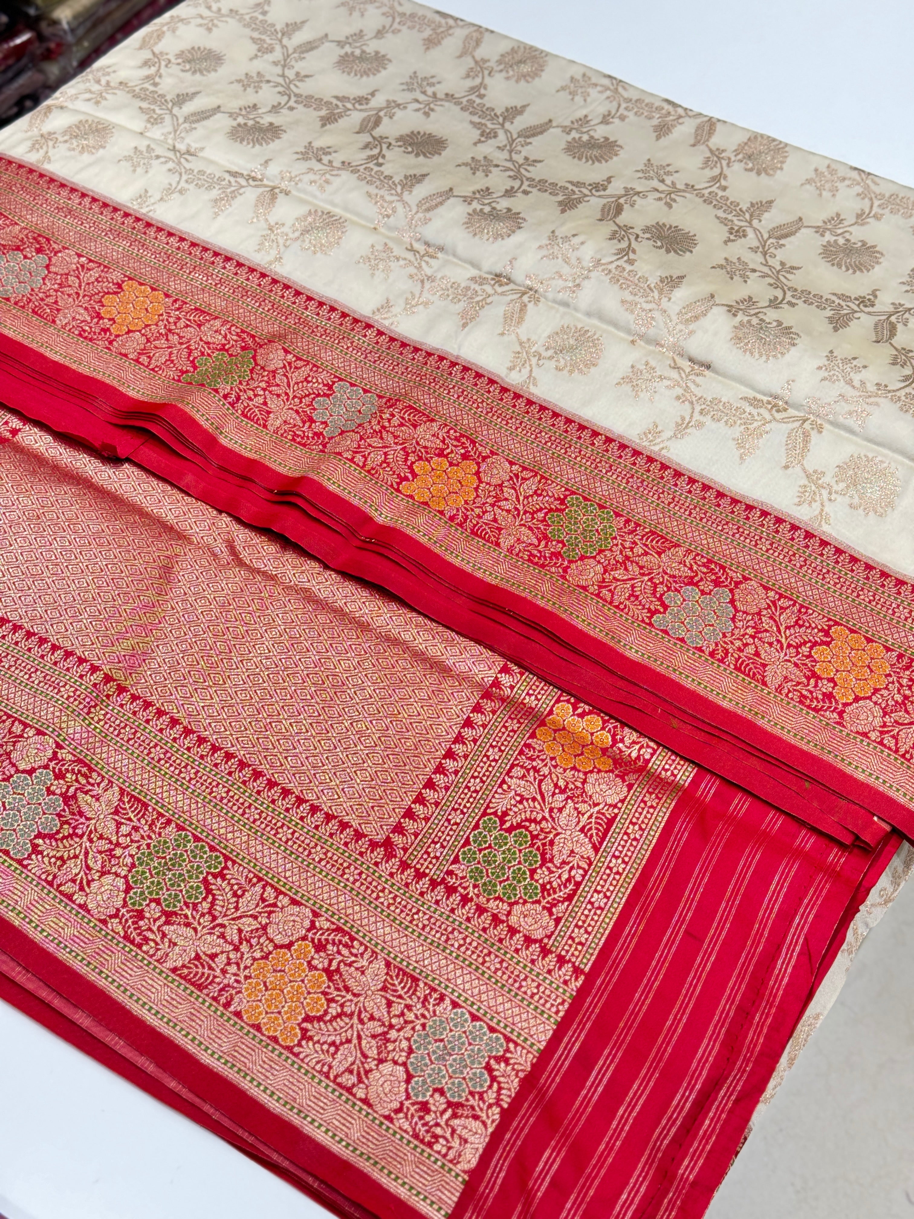White Red Banarasi Jaal Saree