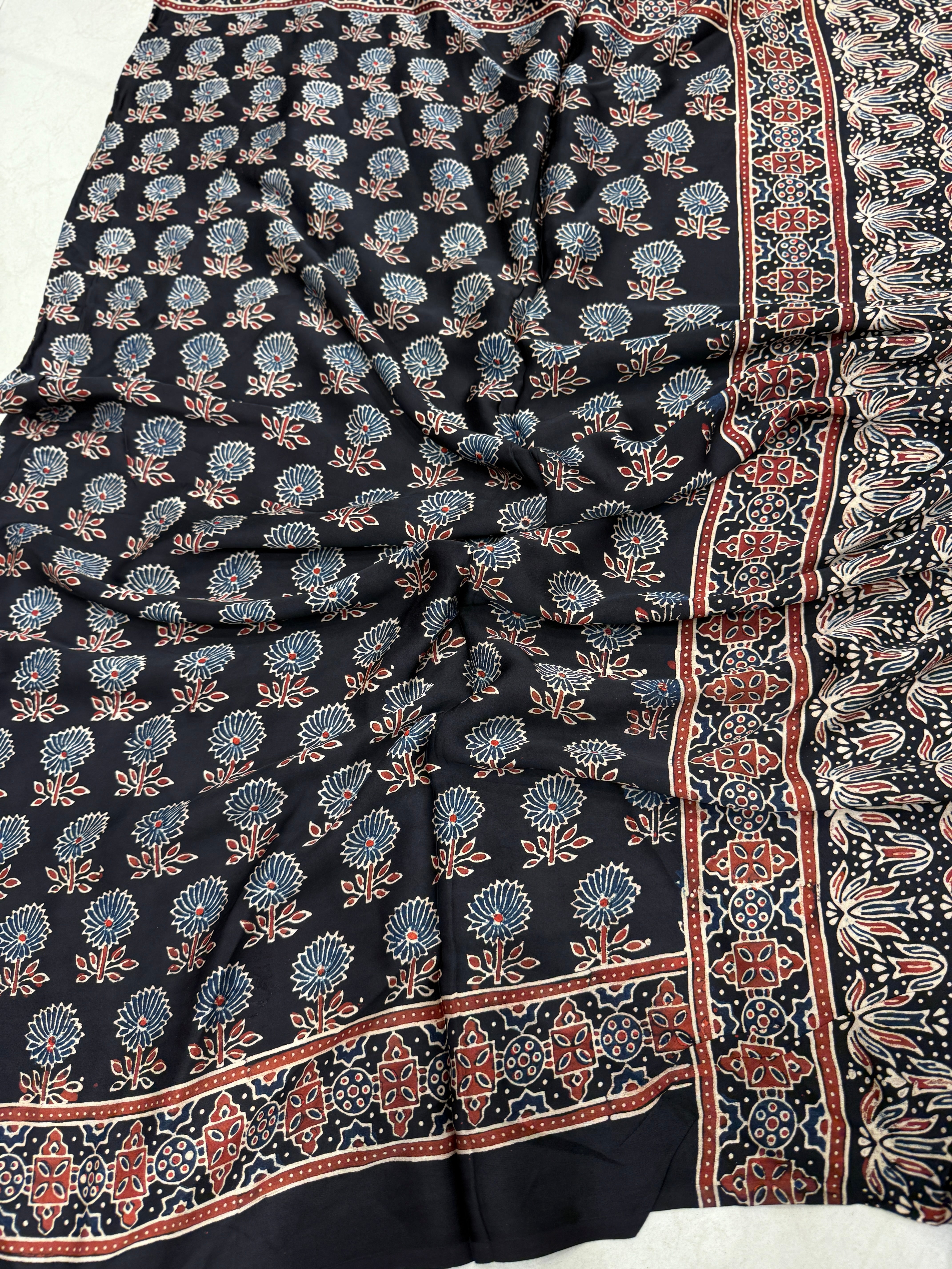 Black Contemporary Buttis Ajrakh Block Print Hand Pure Gajji Silk Saree