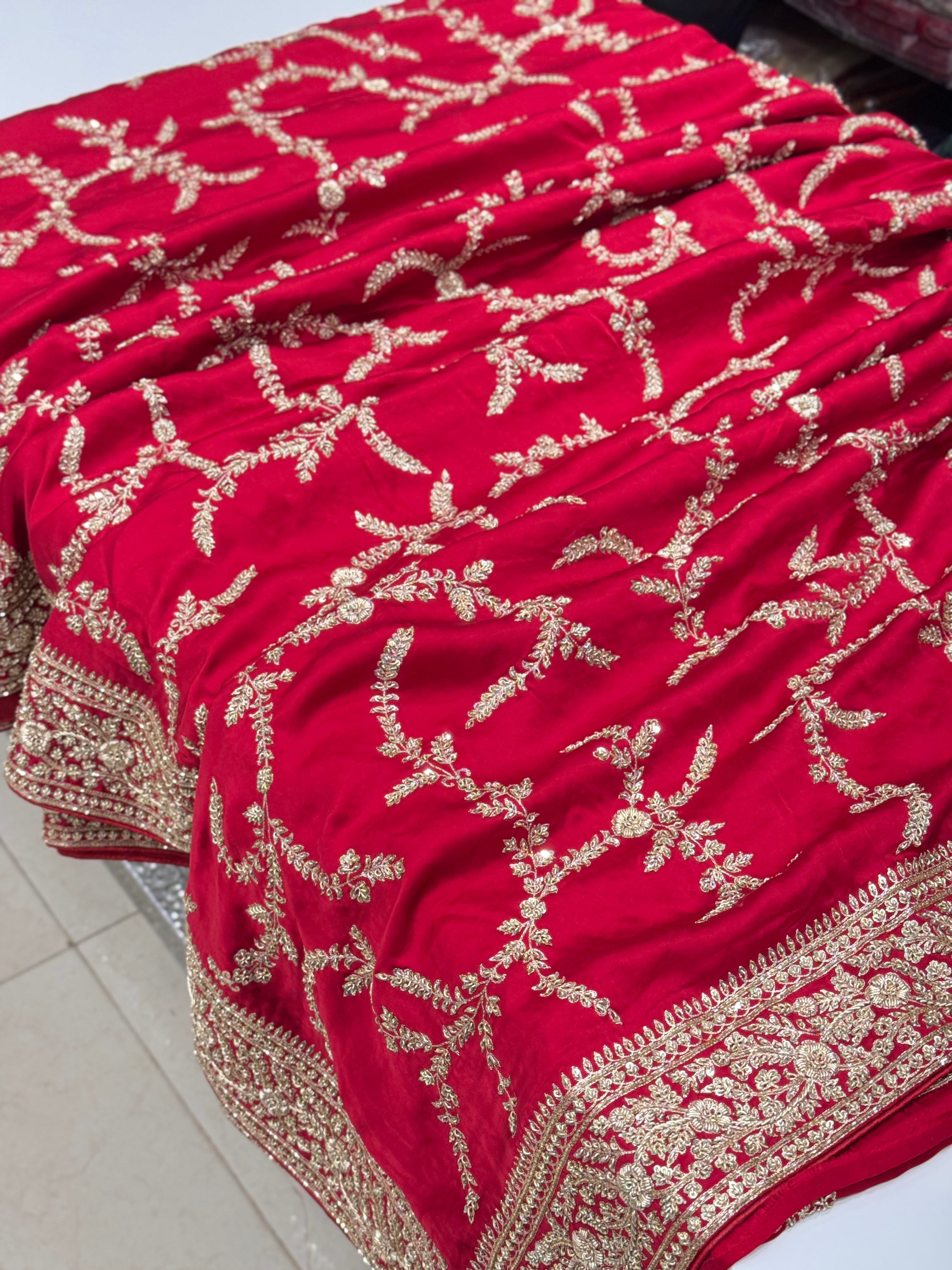 Red Hand Embroidery Jaal Pure Satin Zardosi Embroidery