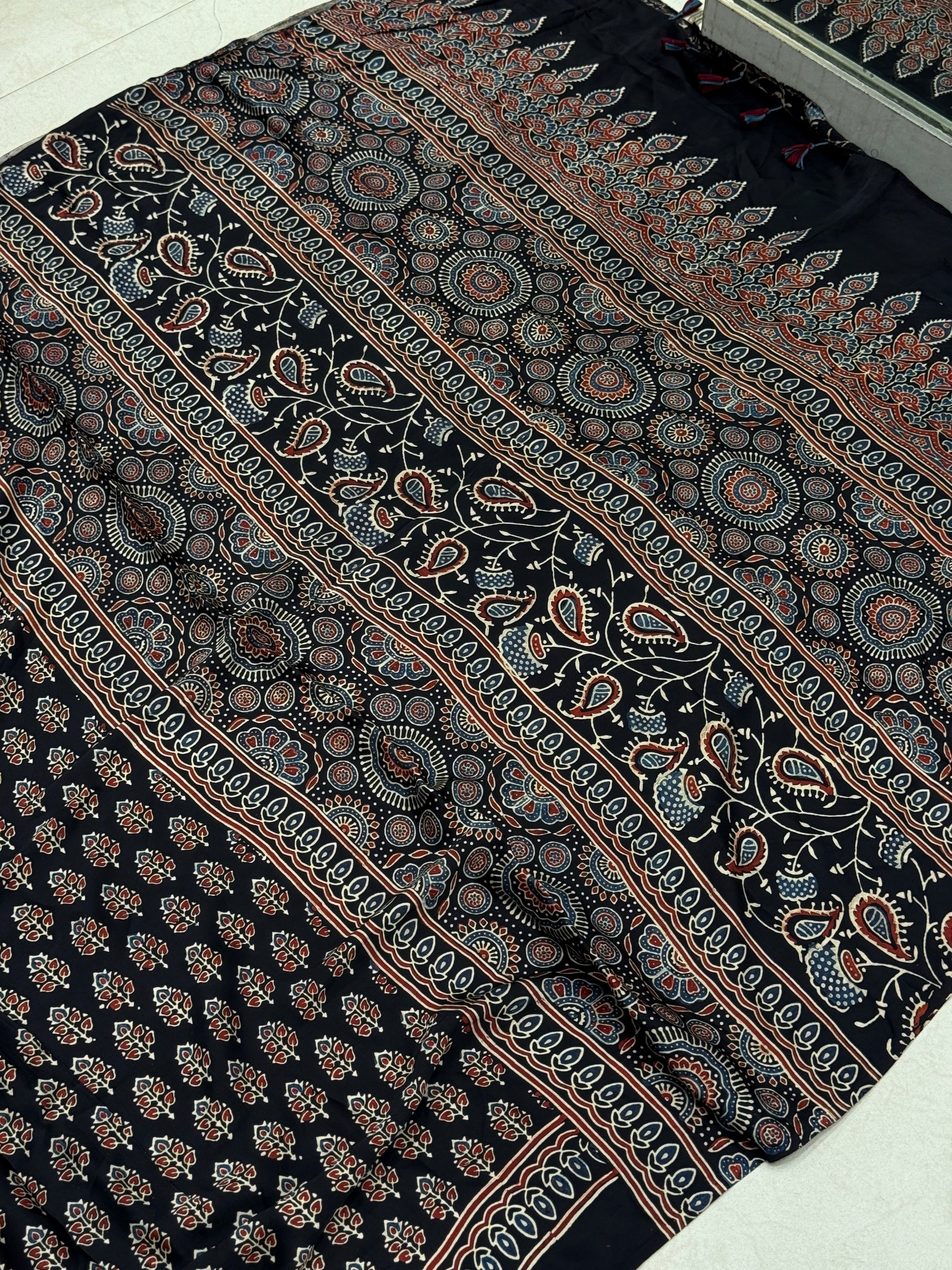 Black Blue Buttis Ajrakh Block Print Hand Pure Gajji Silk Saree