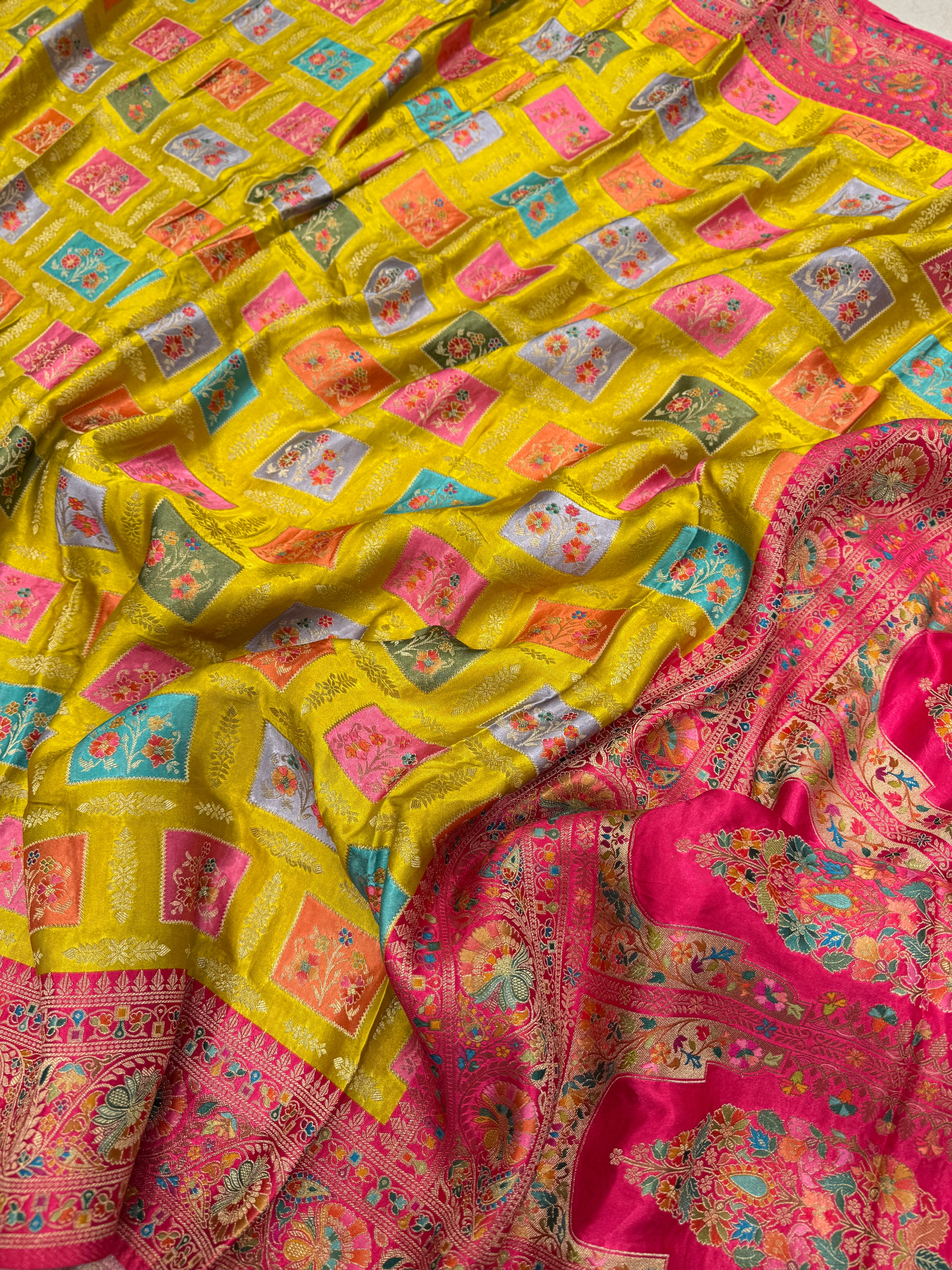 Yellow Box Check Banarasi Modal Satin Rangkat Saree
