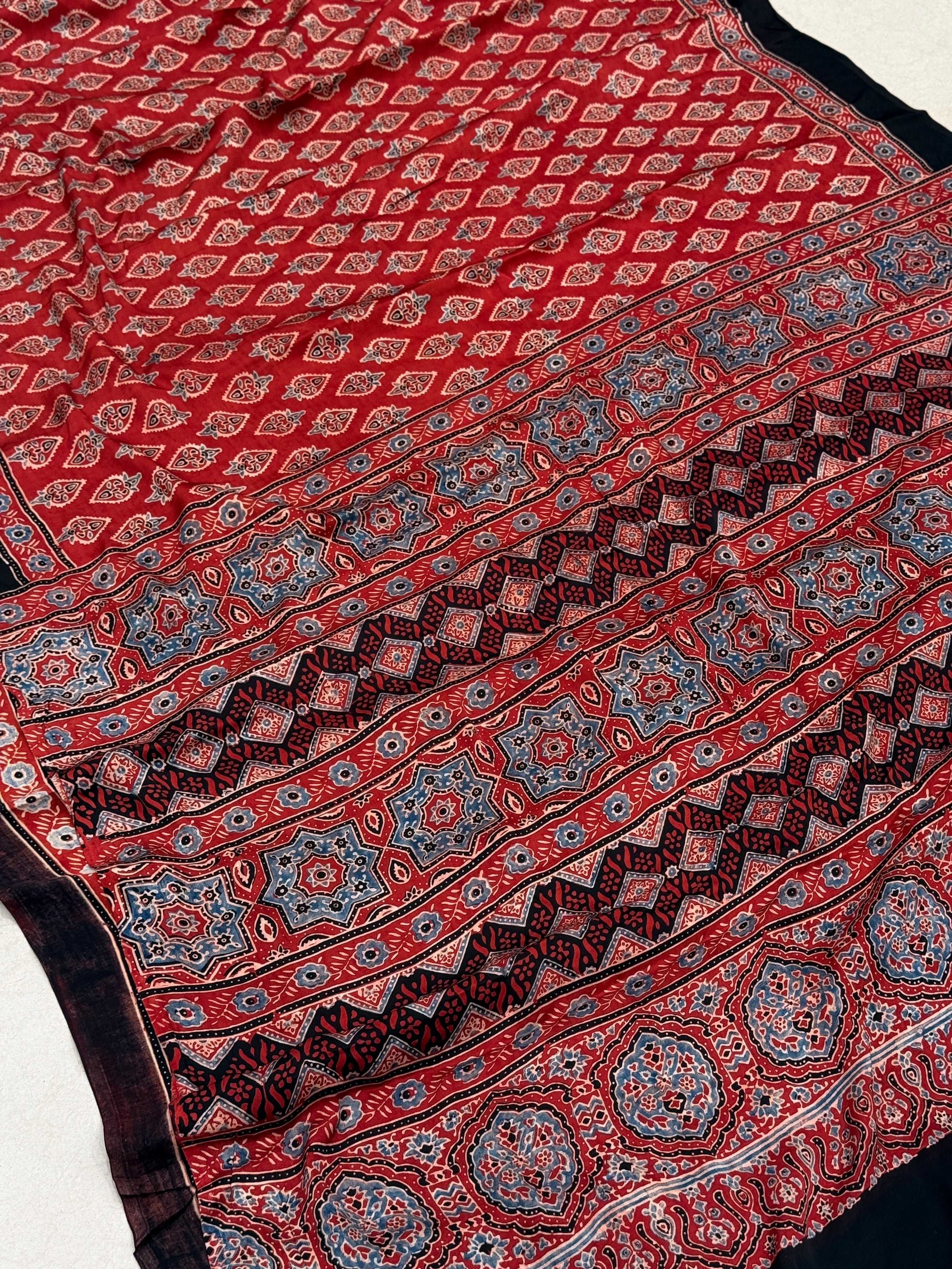 Red Buttis Ajrakh Block Print Hand Pure Gajji Silk Saree
