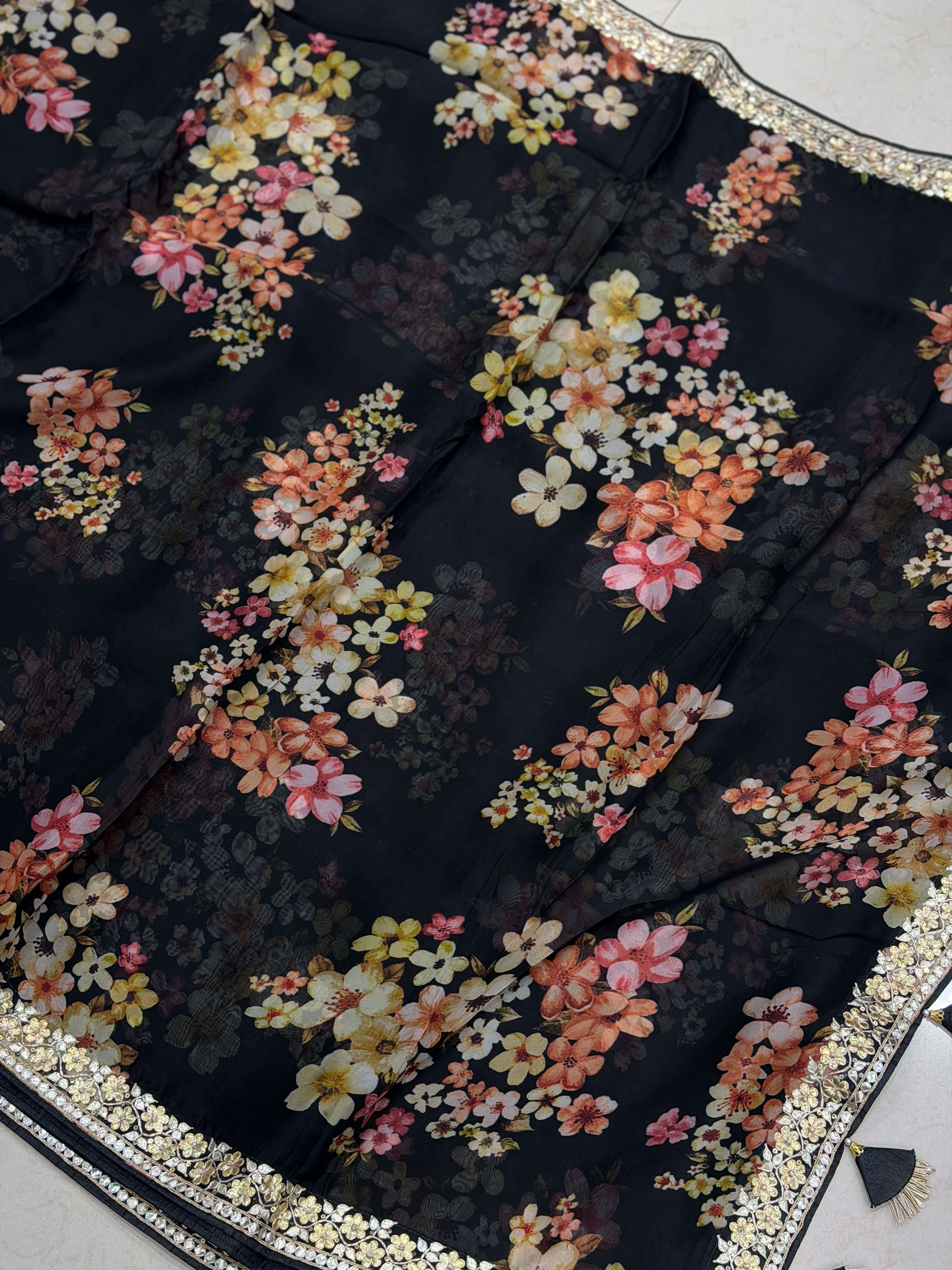 Black Soft Organza Printed Hand Embroidery Gotapatti Pita Embroidery Saree