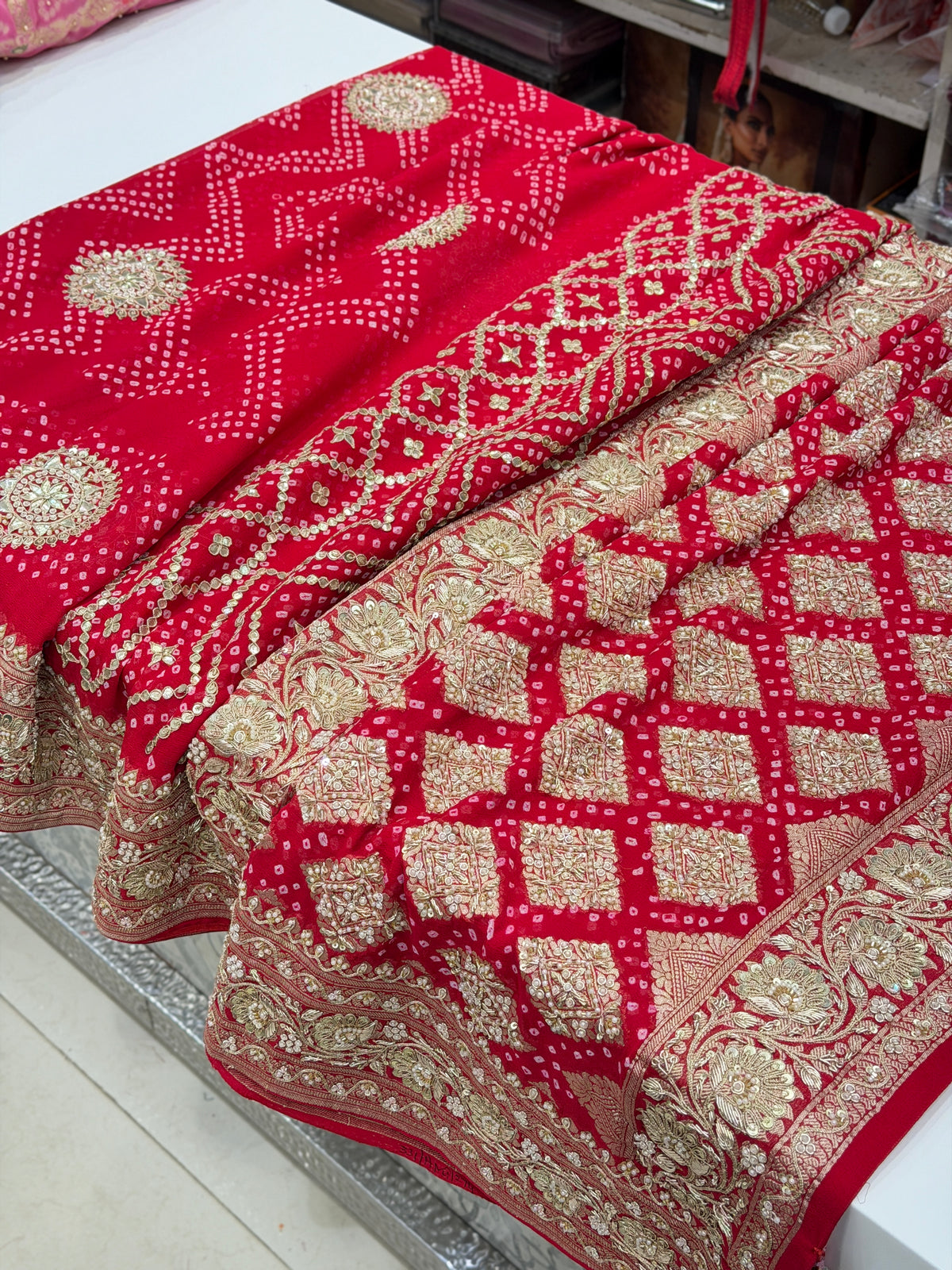 Red Rai Bandhej Georgette Saree Marodi Zardosi Hand Embroidery Saree