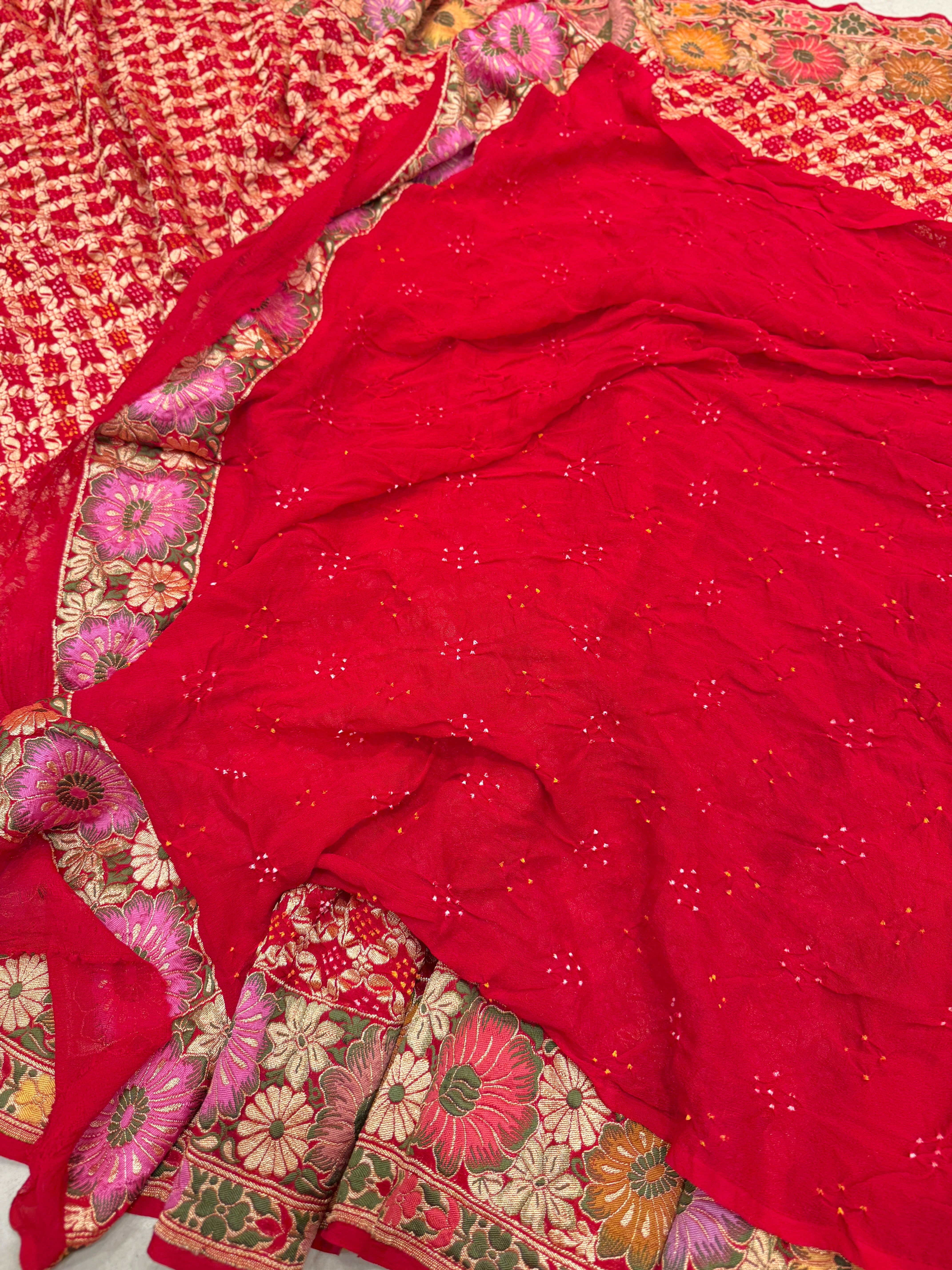 Red Meenakari Double Floral Rai Bandhej Georgette Bandhini Saree