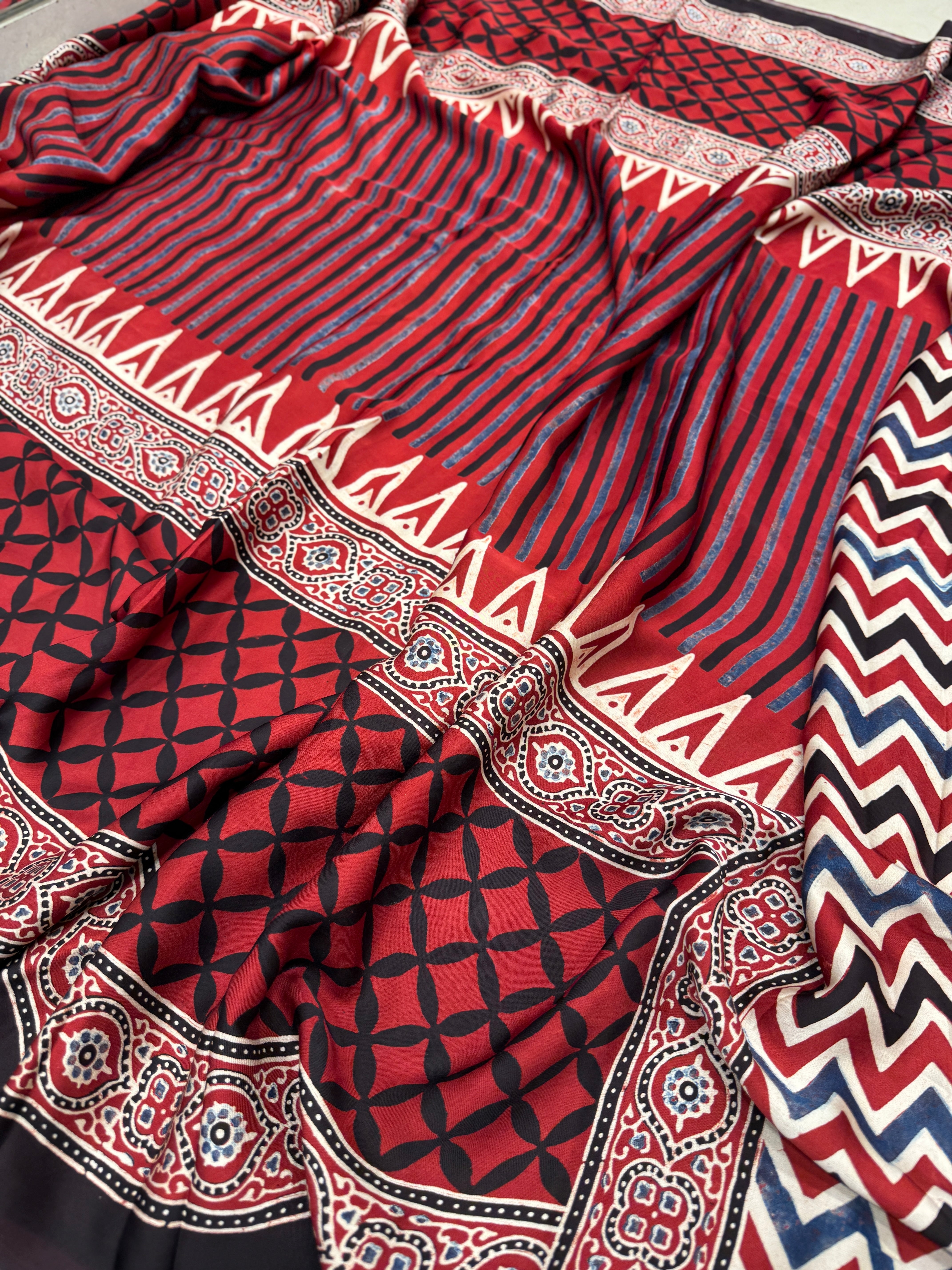 Red Line Contemporary Modal Gajji Silk Ajrakh Saree