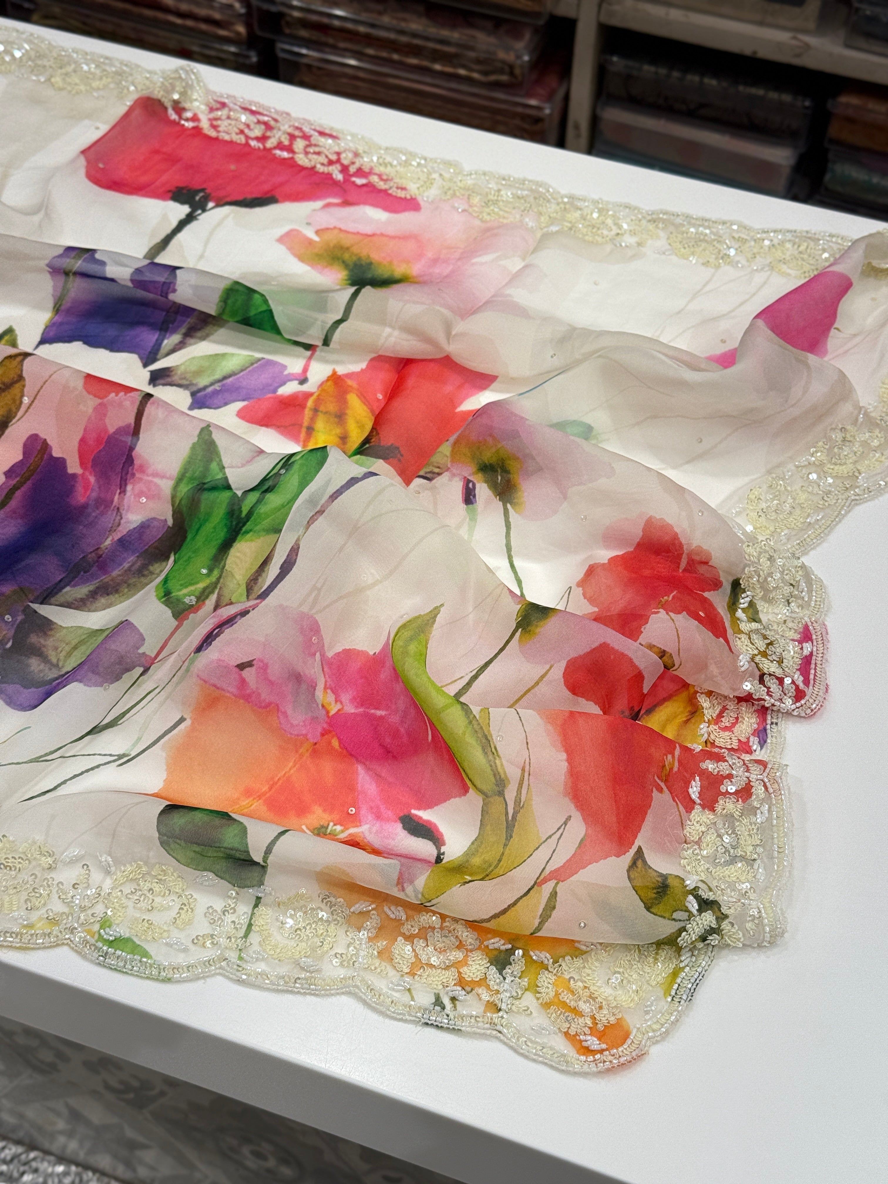 Multi Colour Print Muslin Border Heavy Hand Embroidery Saree