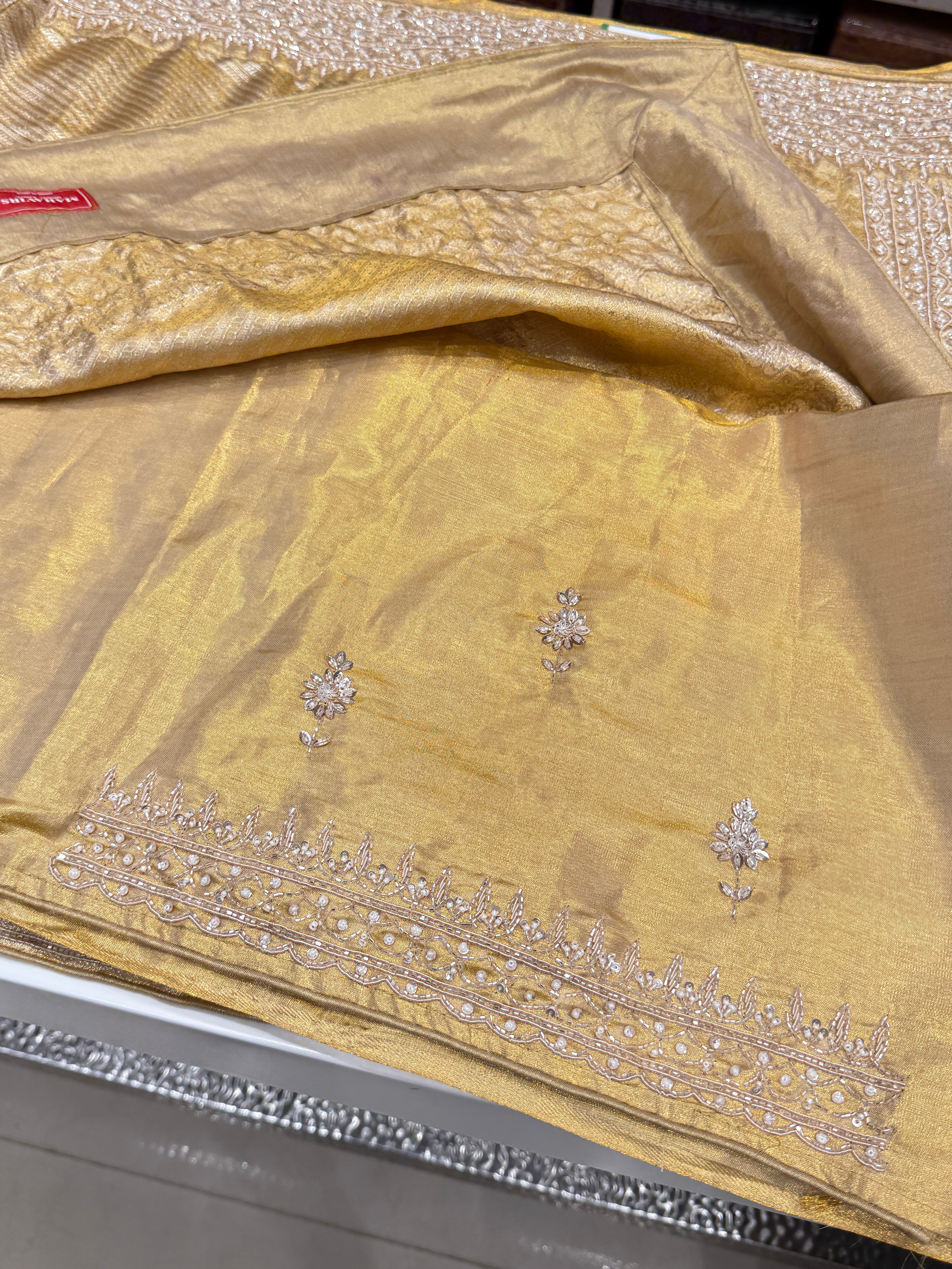 Gold Tissue Zardosi Moti Kanjivaram Hand Embroidery Saree