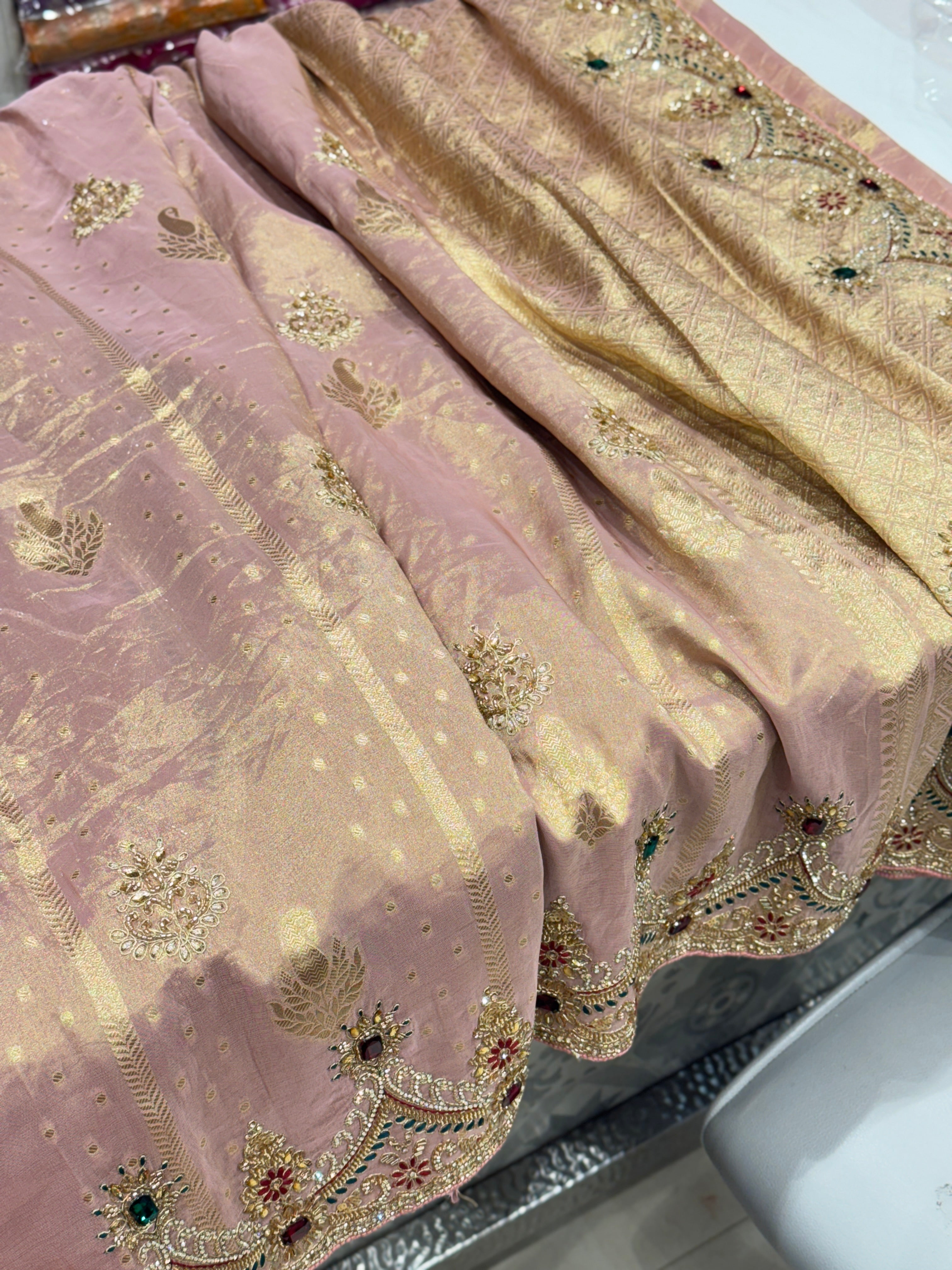 Pink Weaved Golden Silver Soft Tissue Pita Crystal Scallop Embroidery Saree